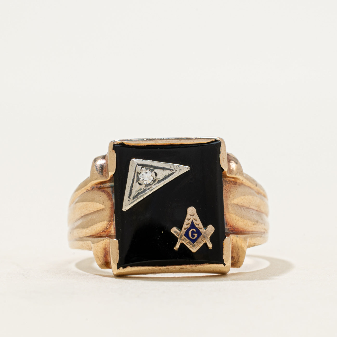 Vintage Canadian 10k Onyx & Diamond Freemason Signet Ring | 2.55ct | SZ 12
