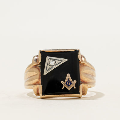 Vintage Canadian 10k Onyx & Diamond Freemason Signet Ring | 2.55ct | SZ 12