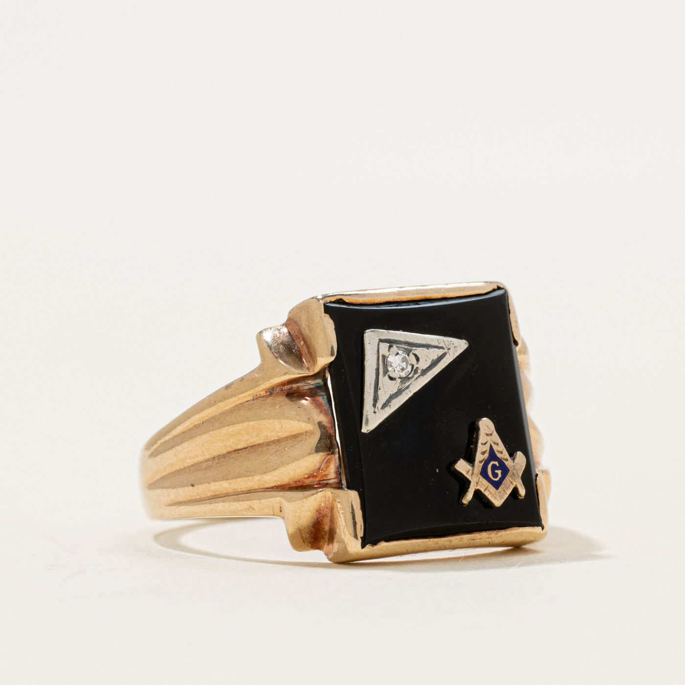 Vintage Canadian 10k Onyx & Diamond Freemason Signet Ring | 2.55ct | SZ 12