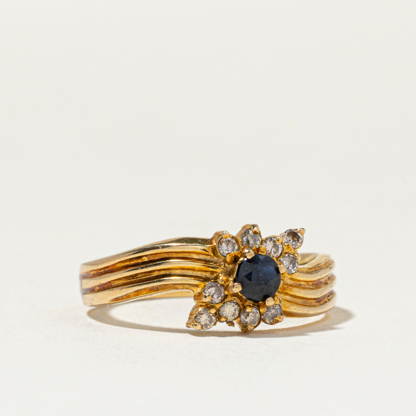 Sapphire & Diamond Accented Grooved Wave Ring | SZ 6