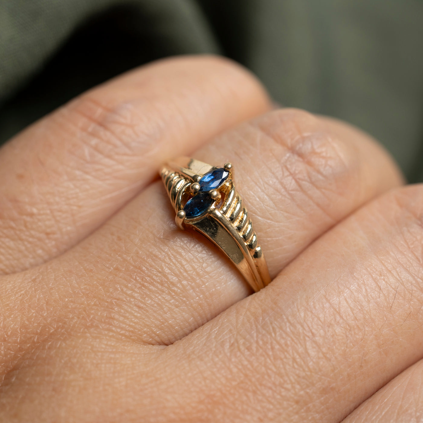 Two Stone Marquise Cut Sapphire Grooved Ring | SZ 7