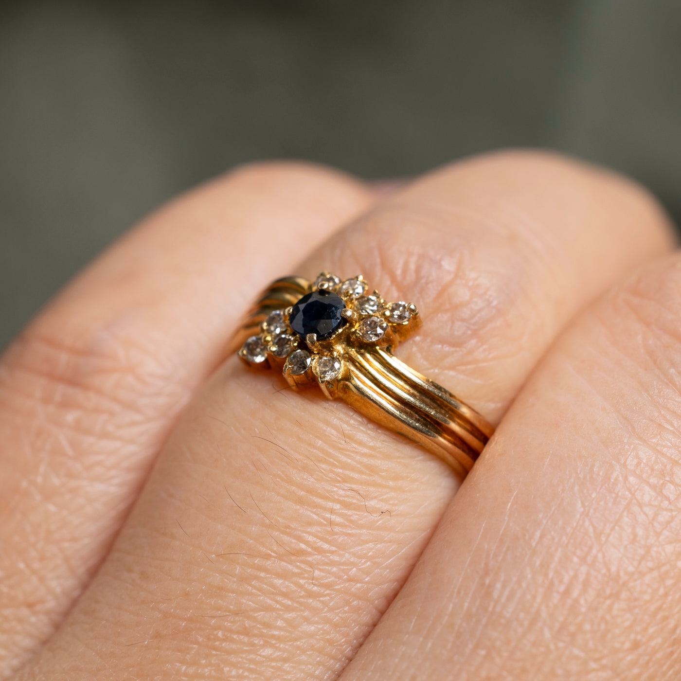 Sapphire & Diamond Accented Grooved Wave Ring | SZ 6