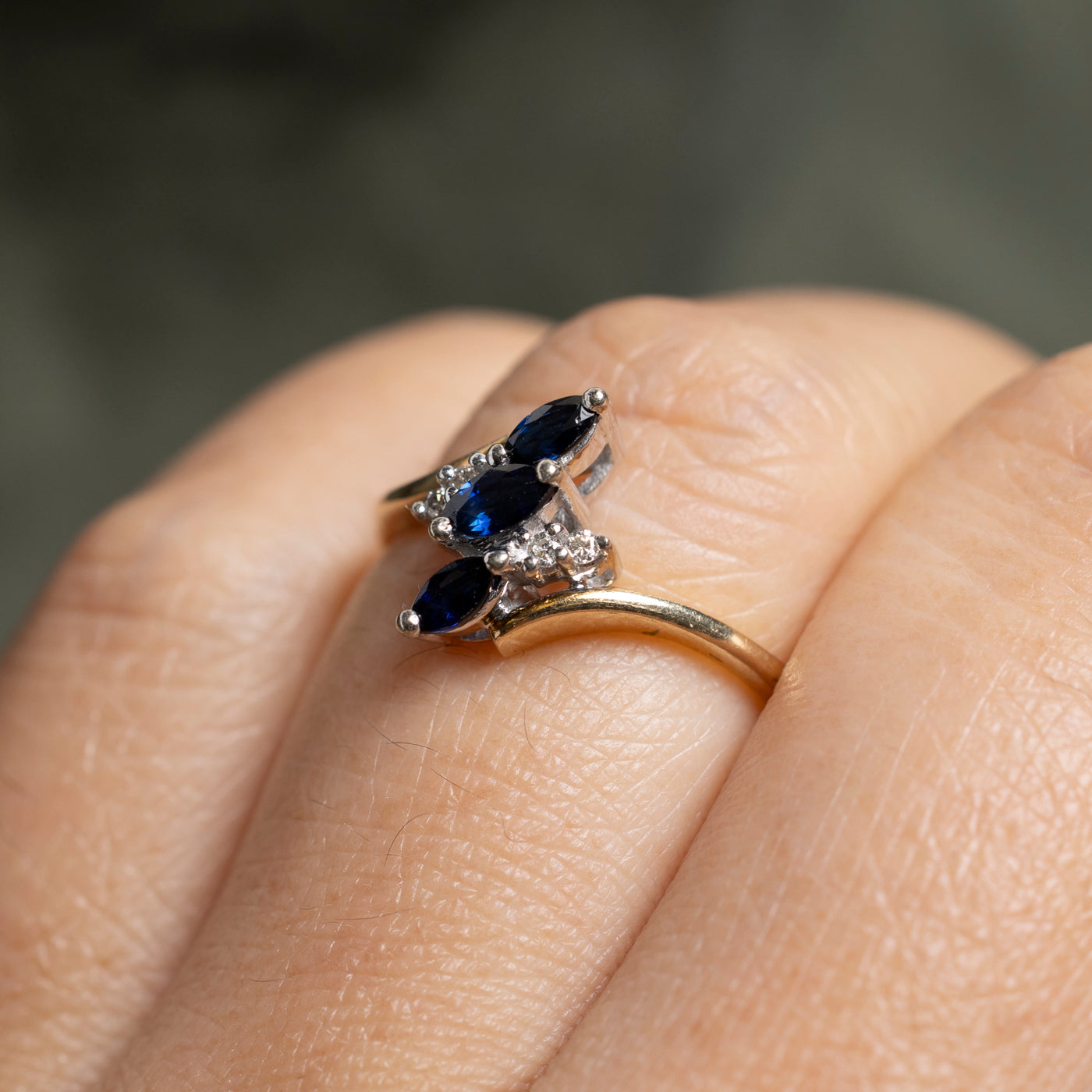 Three Stone Marquise Cut Sapphire & Diamond Bypass Ring | SZ 6.75