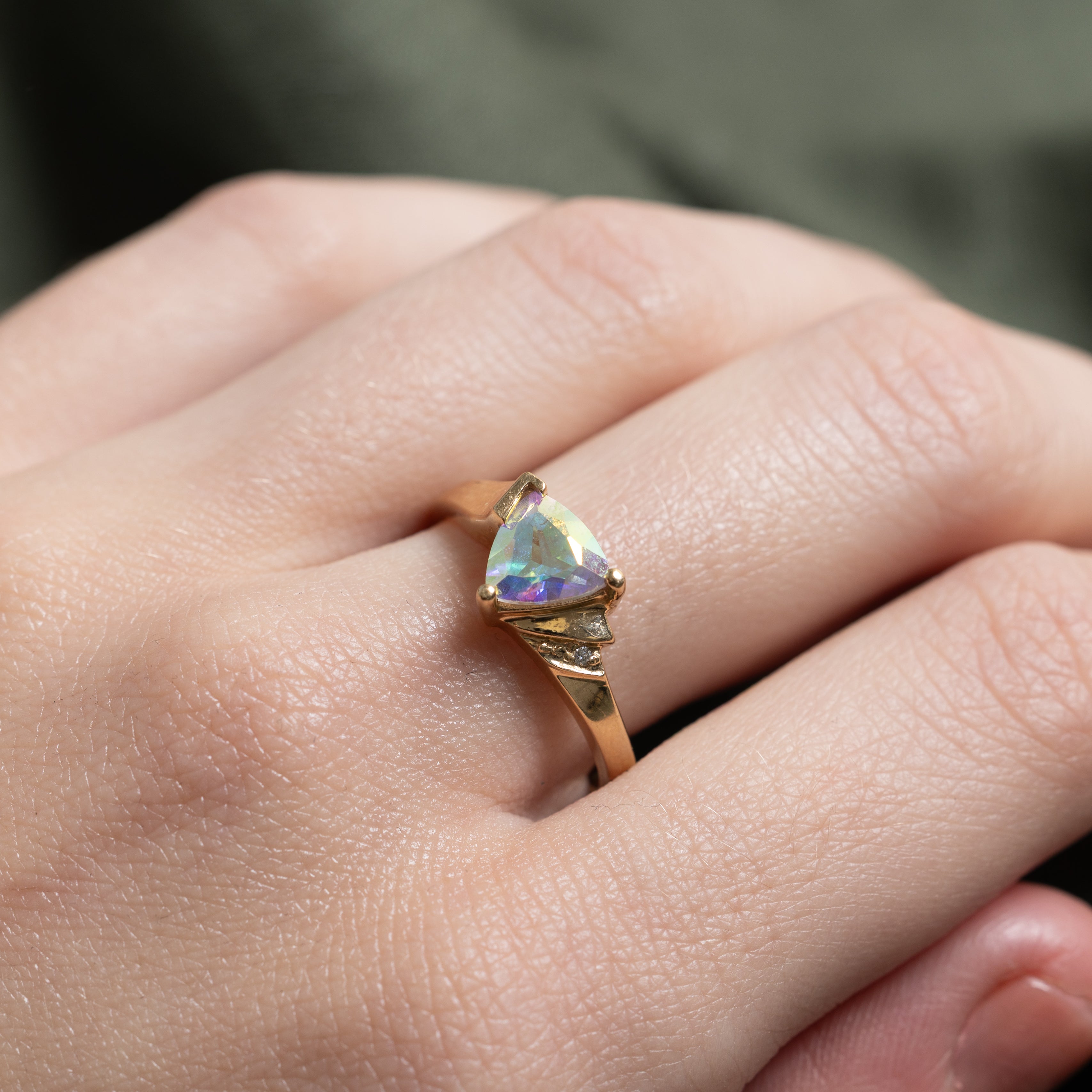 Trillion Cut Mystic Topaz & Diamond Ring | SZ 8.25