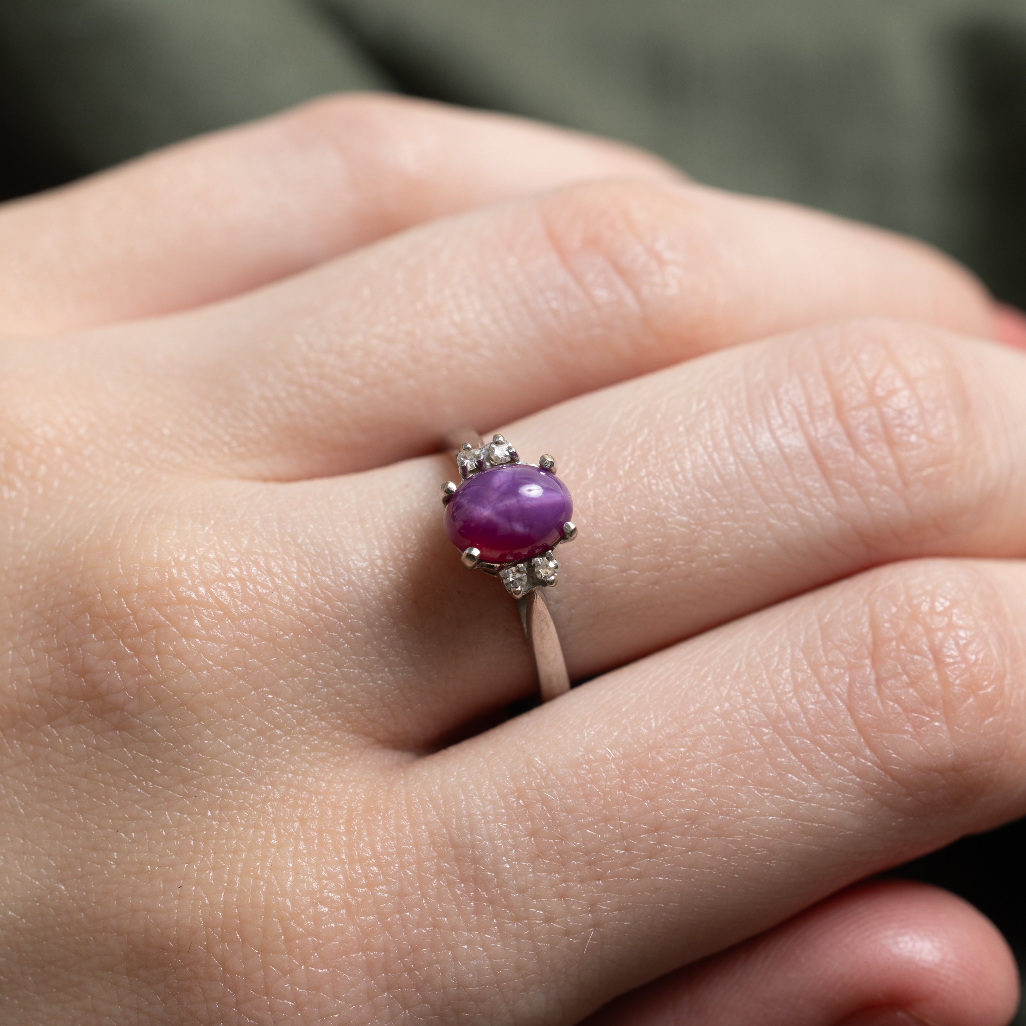 Cabochon Synthetic Star Ruby & Diamond Ring | SZ 6.25