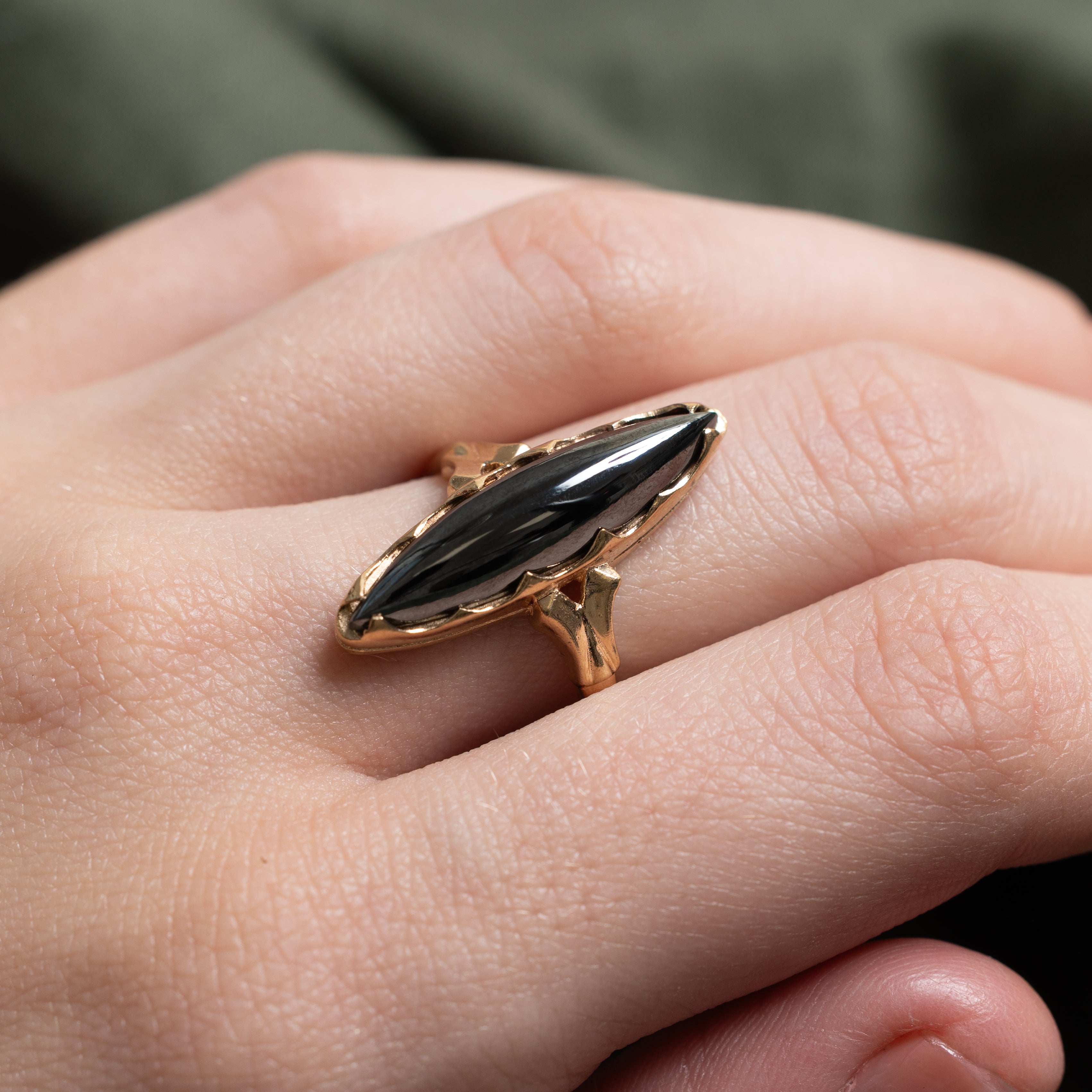 Cabochon Hematite Textured Navette Ring | SZ 8