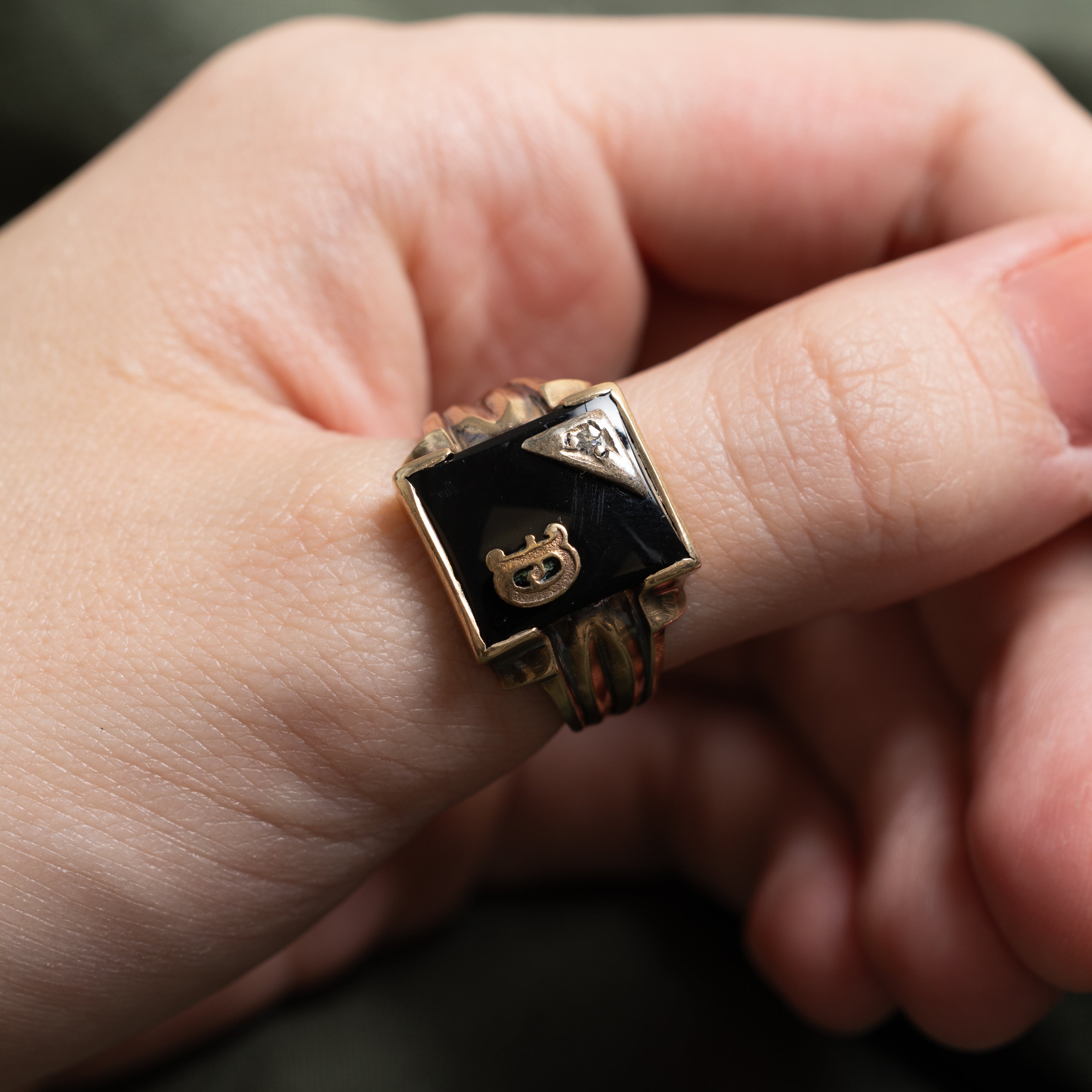 Onyx & Diamond "D" Initial Grooved Signet Ring | SZ 9.75