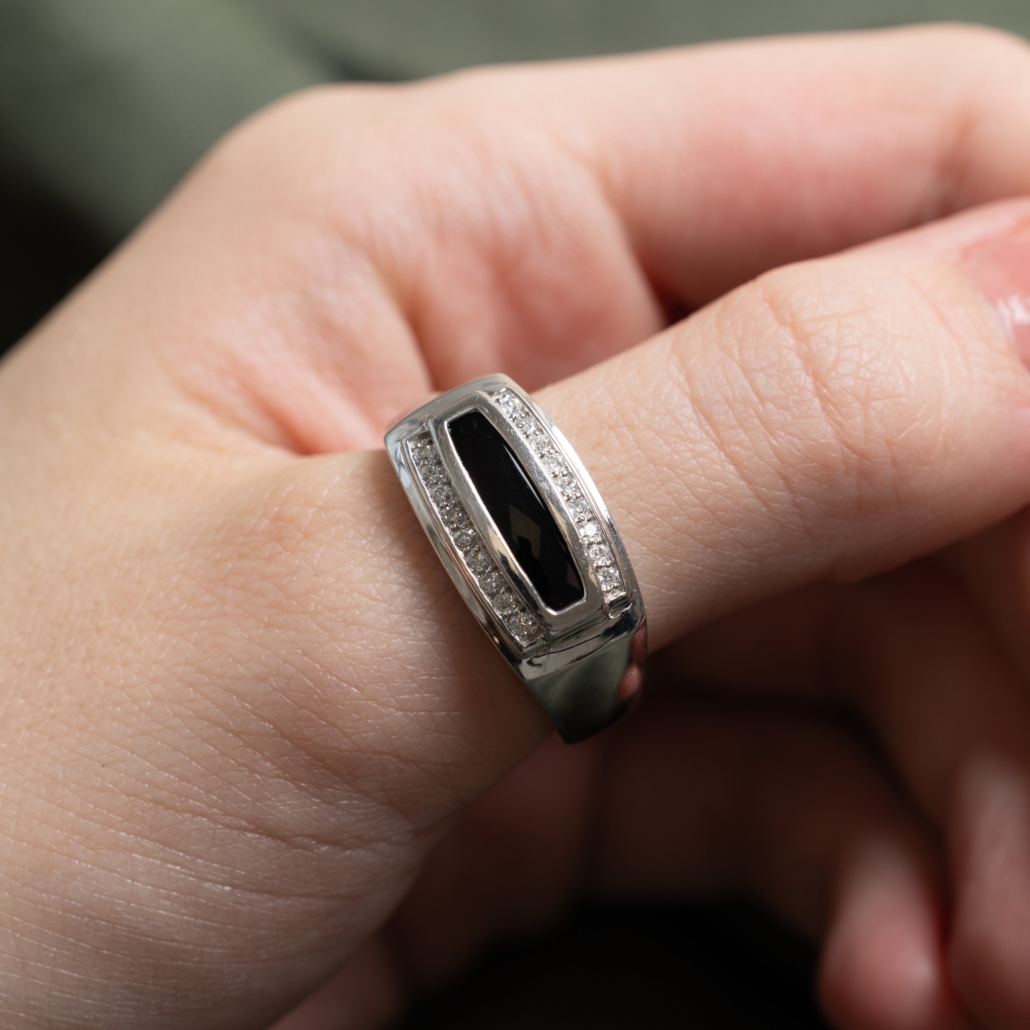 Rectangle Cut Onyx & Diamond Signet Ring | SZ 10.5