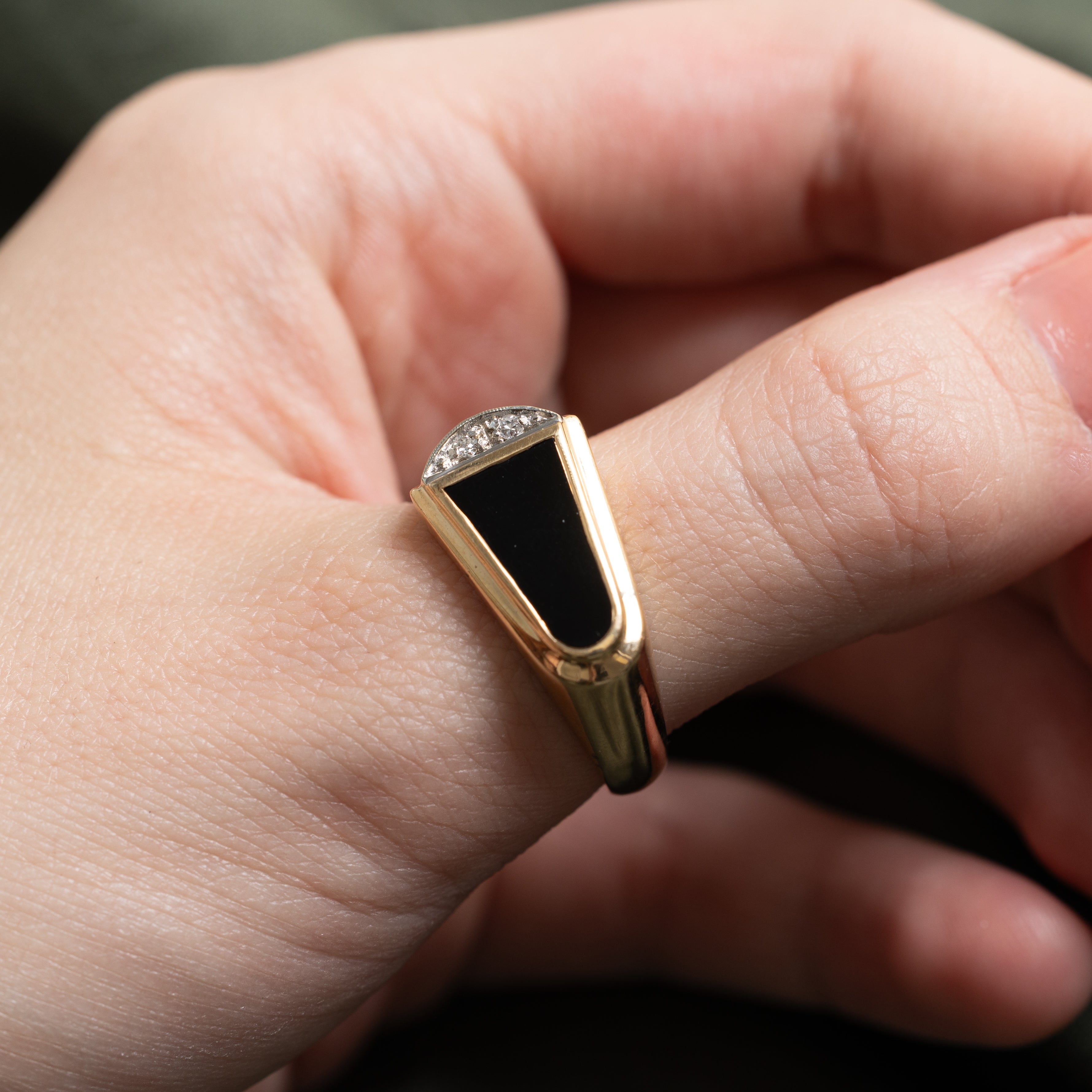 Modified Slab Cut Onyx & Diamond Signet Ring | SZ 10.75