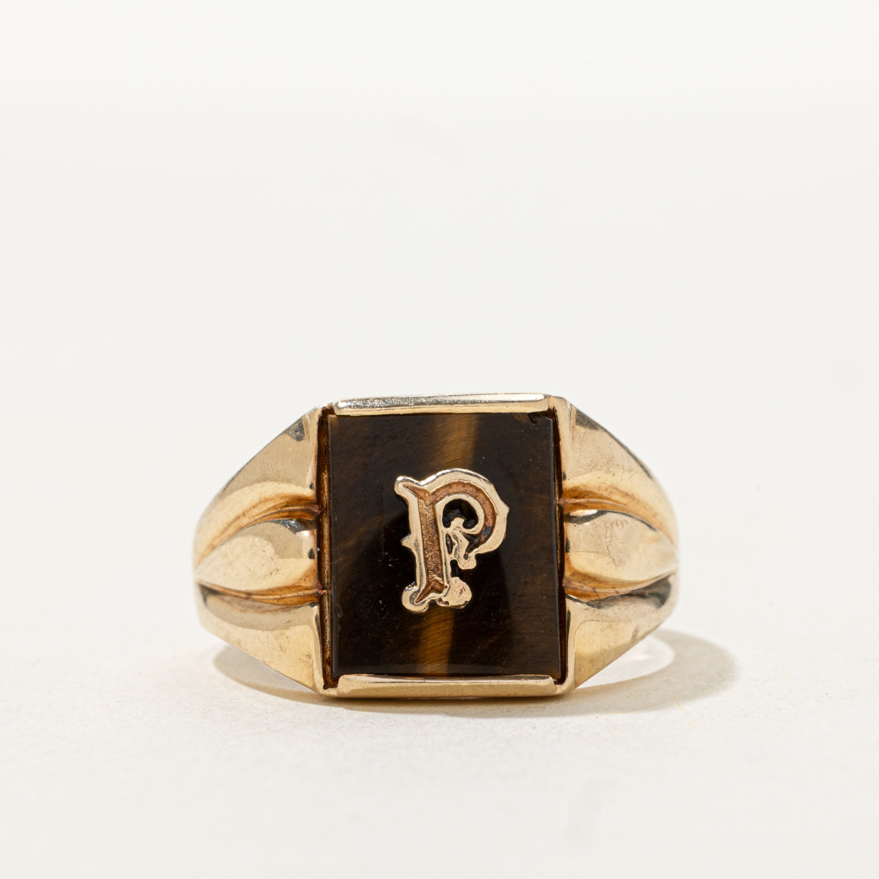 Tiger's Eye "P" Initial Signet Ring | SZ 10.25