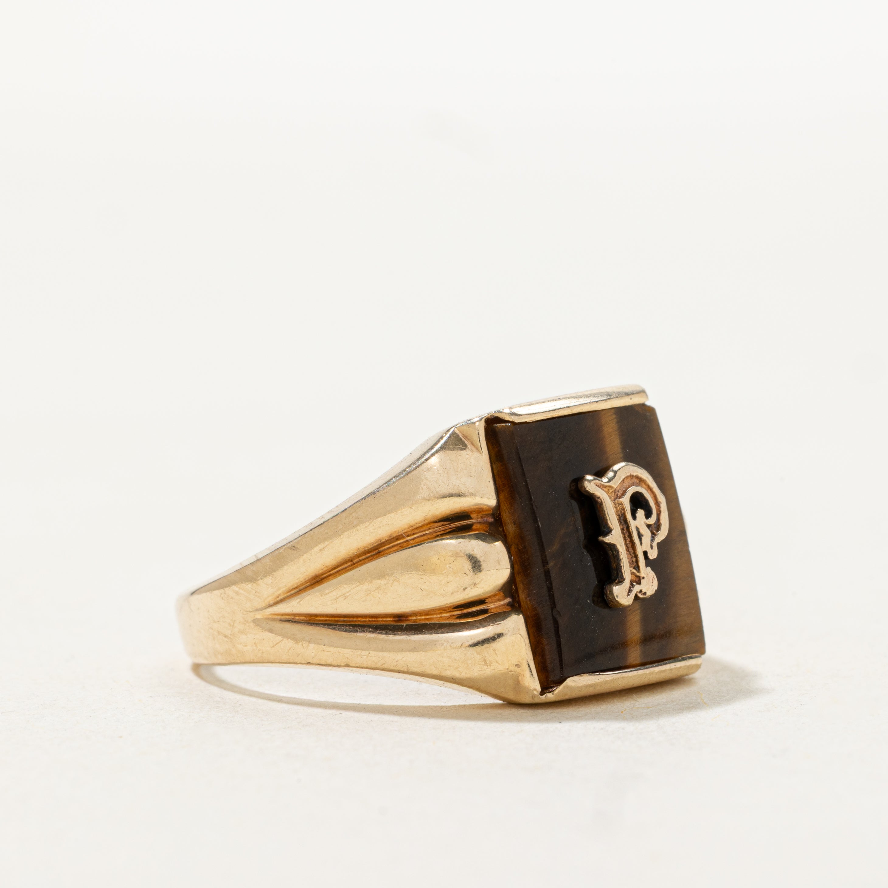 Tiger's Eye "P" Initial Signet Ring | SZ 10.25