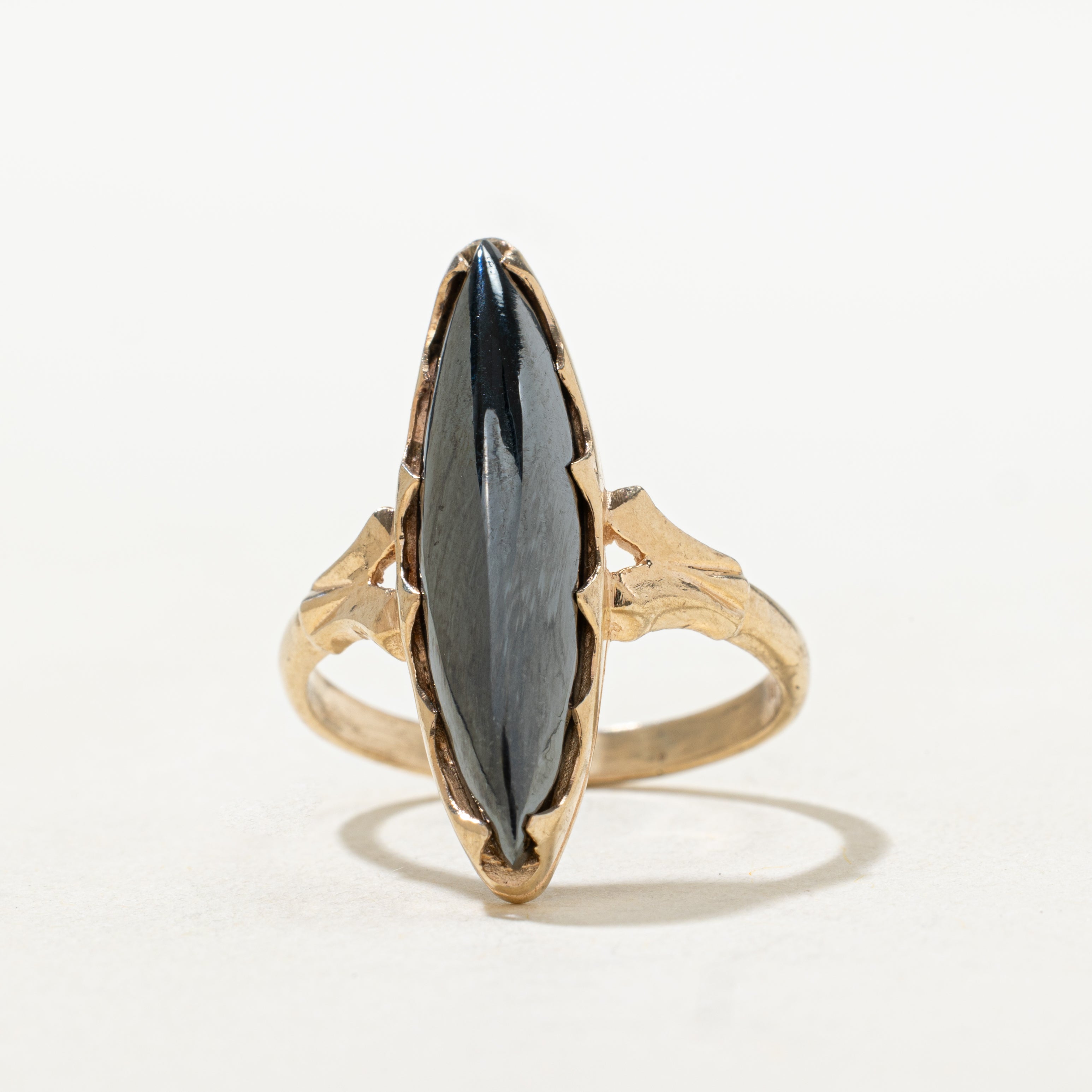 Cabochon Hematite Textured Navette Ring | SZ 8