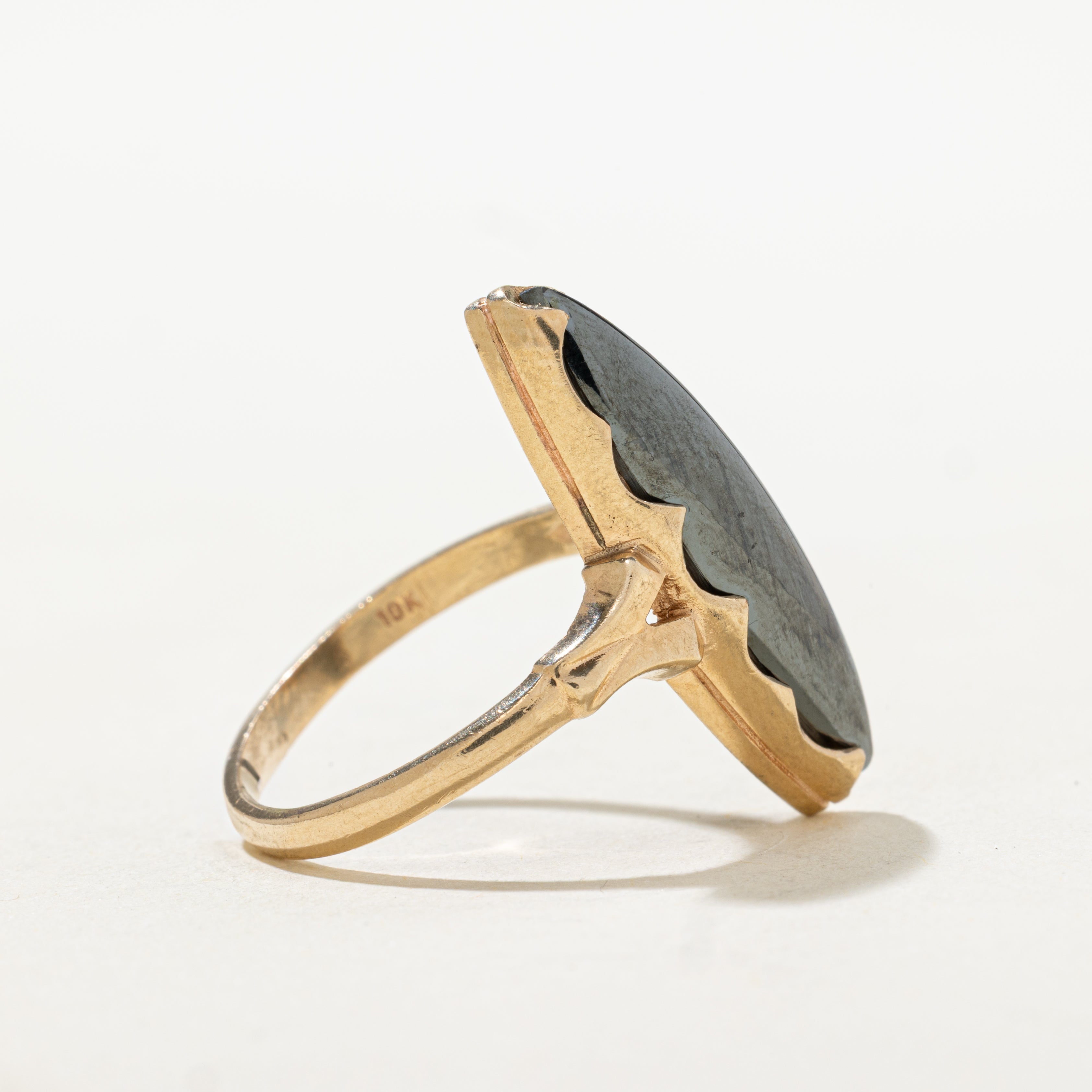 Cabochon Hematite Textured Navette Ring | SZ 8