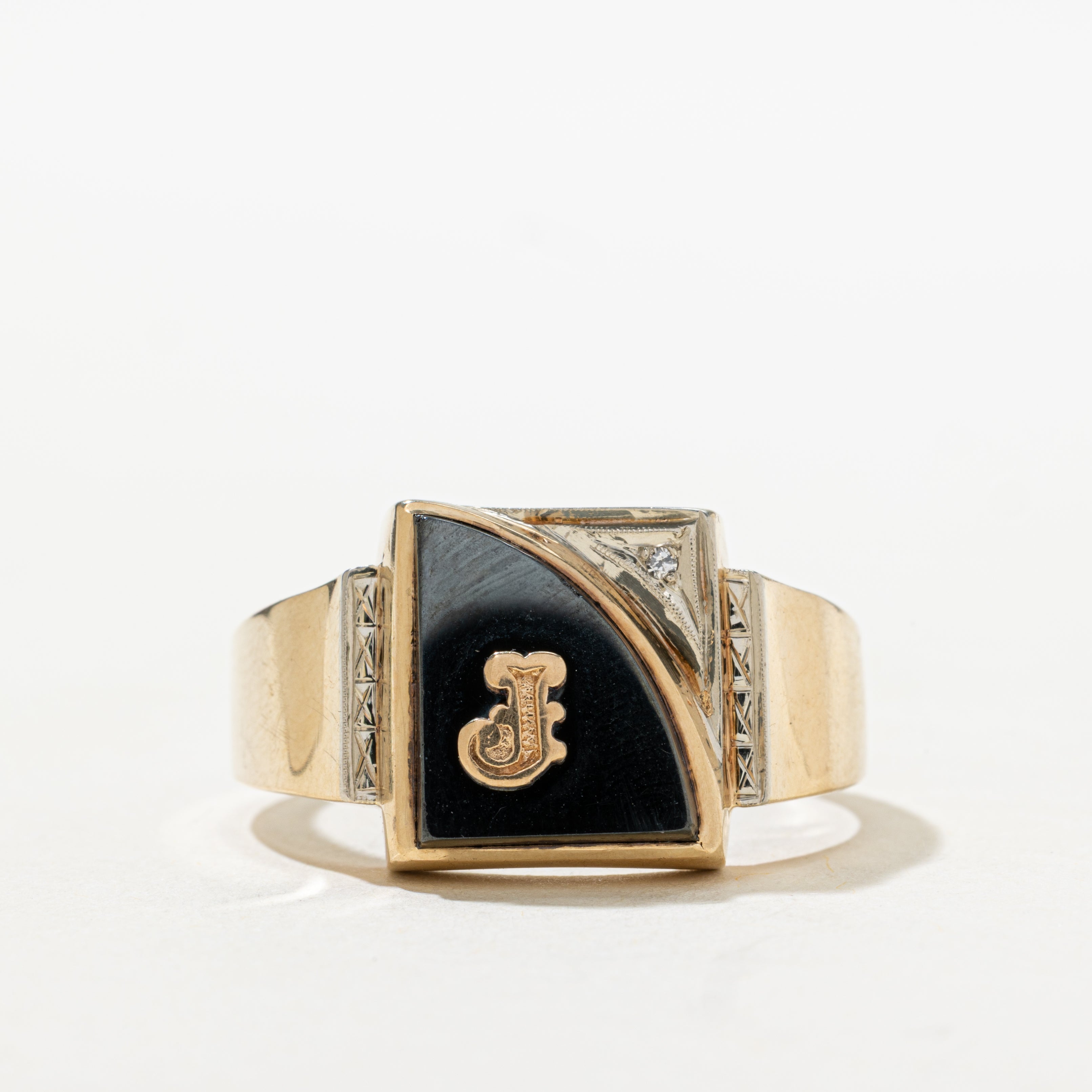 Hematite & Diamond "J" Initial Signet Ring | SZ 13.5