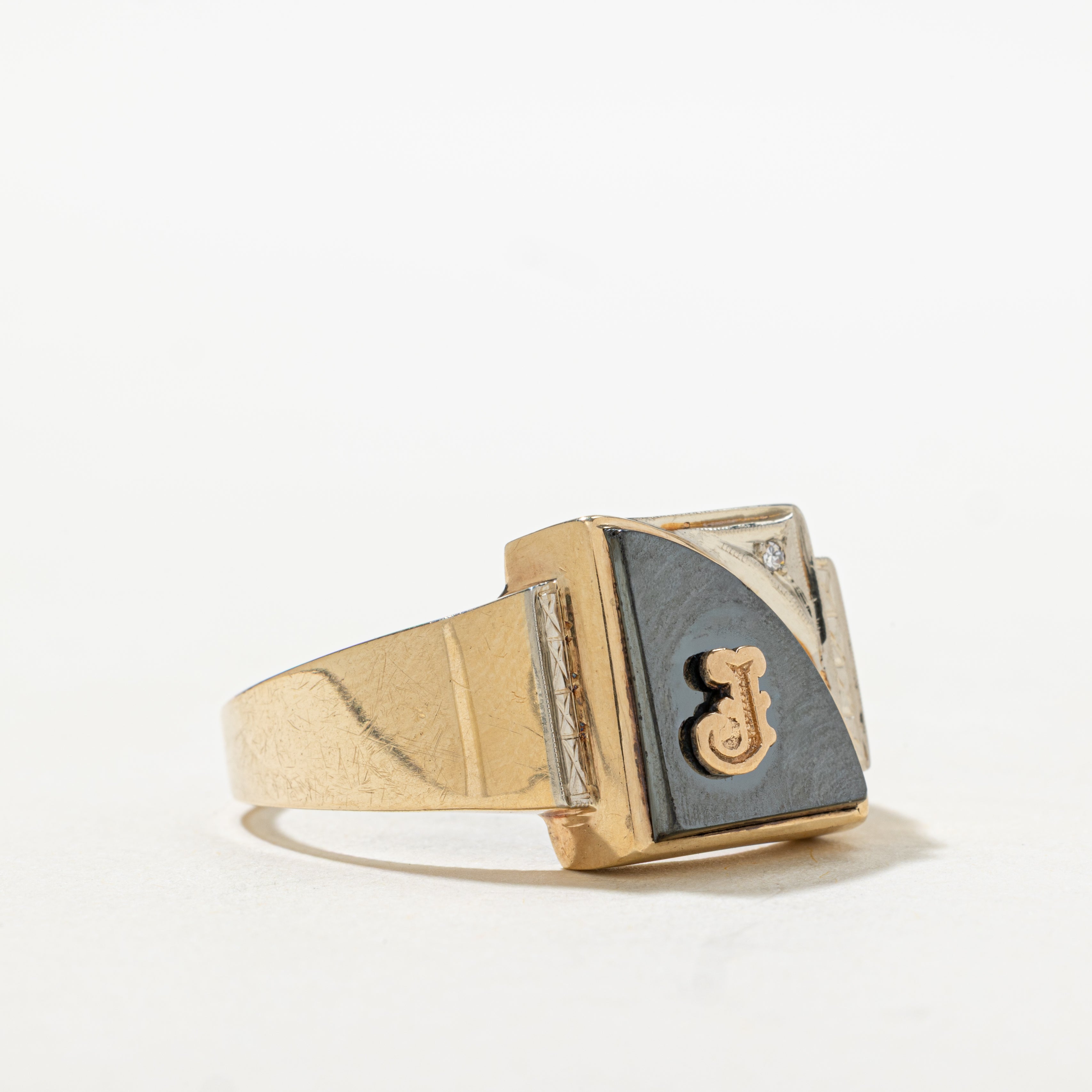 Hematite & Diamond "J" Initial Signet Ring | SZ 13.5