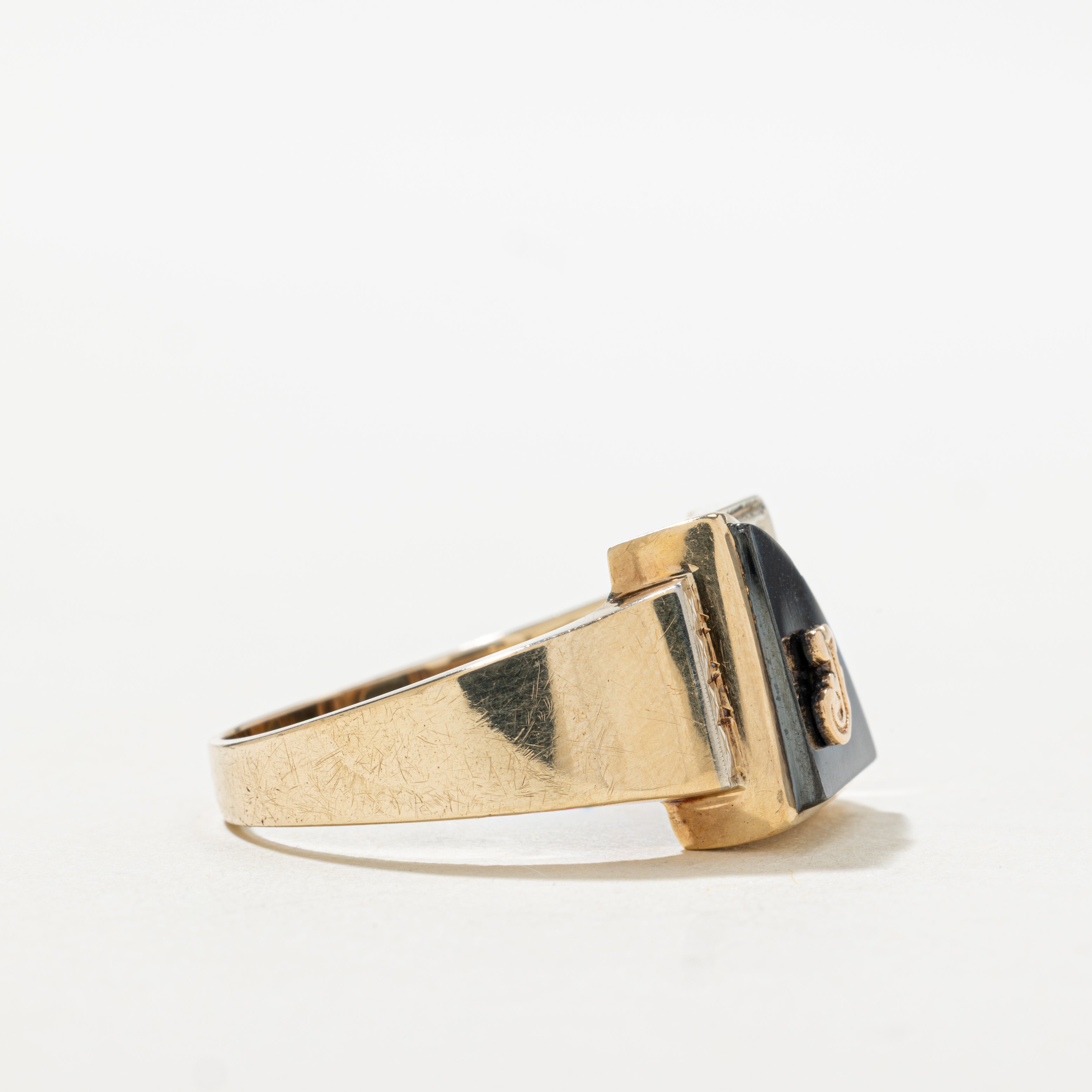 Hematite & Diamond "J" Initial Signet Ring | SZ 13.5