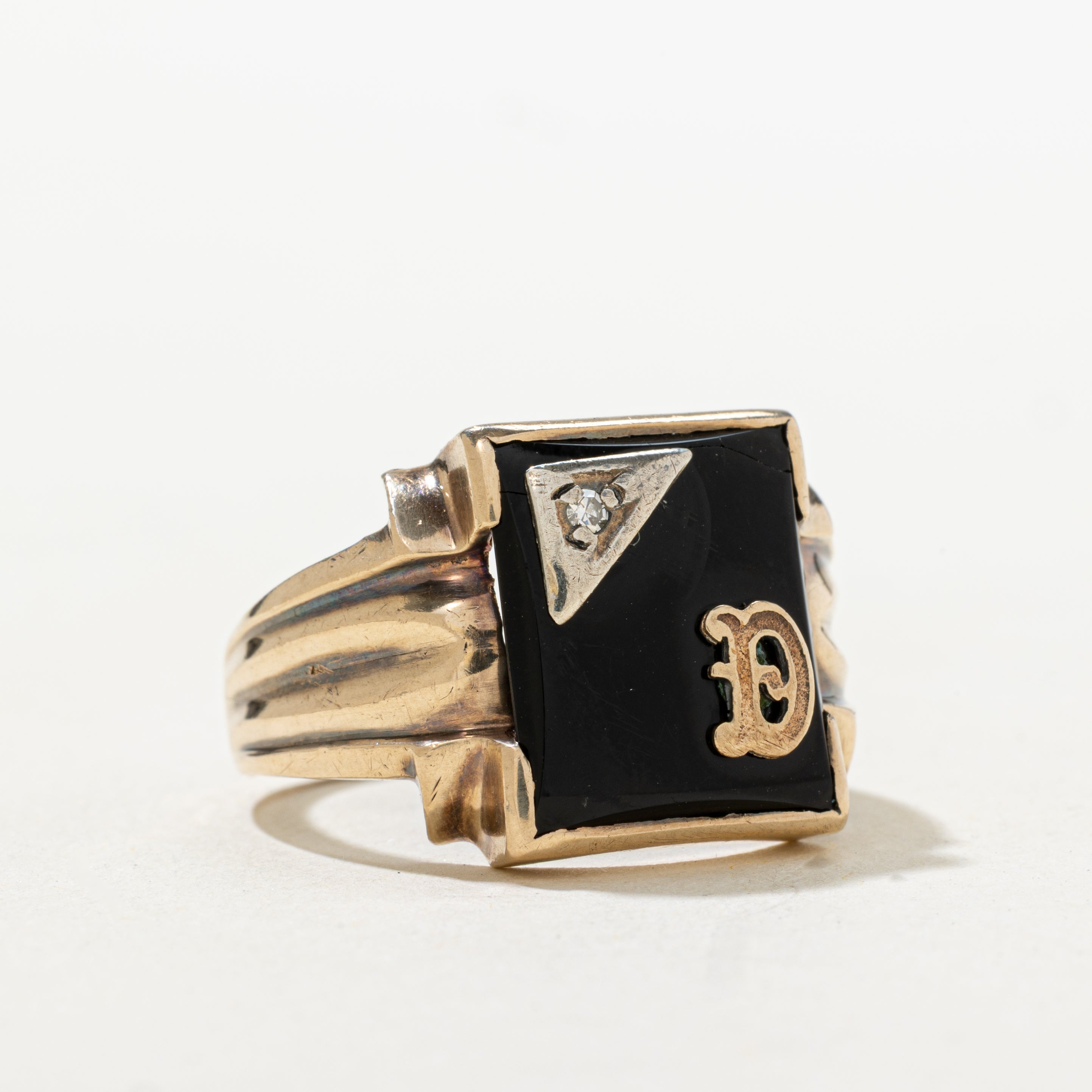 Onyx & Diamond "D" Initial Grooved Signet Ring | SZ 9.75