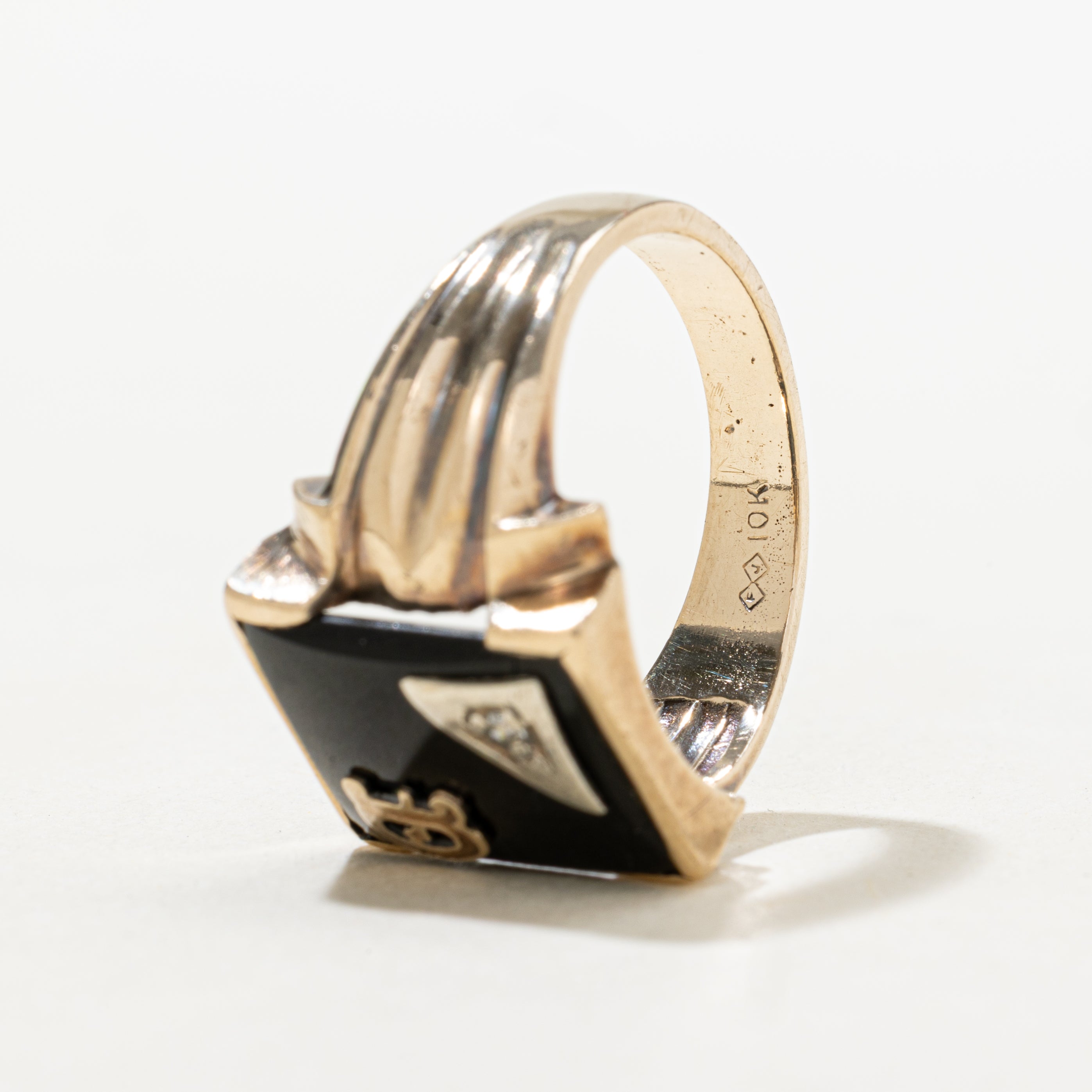 Onyx & Diamond "D" Initial Grooved Signet Ring | SZ 9.75