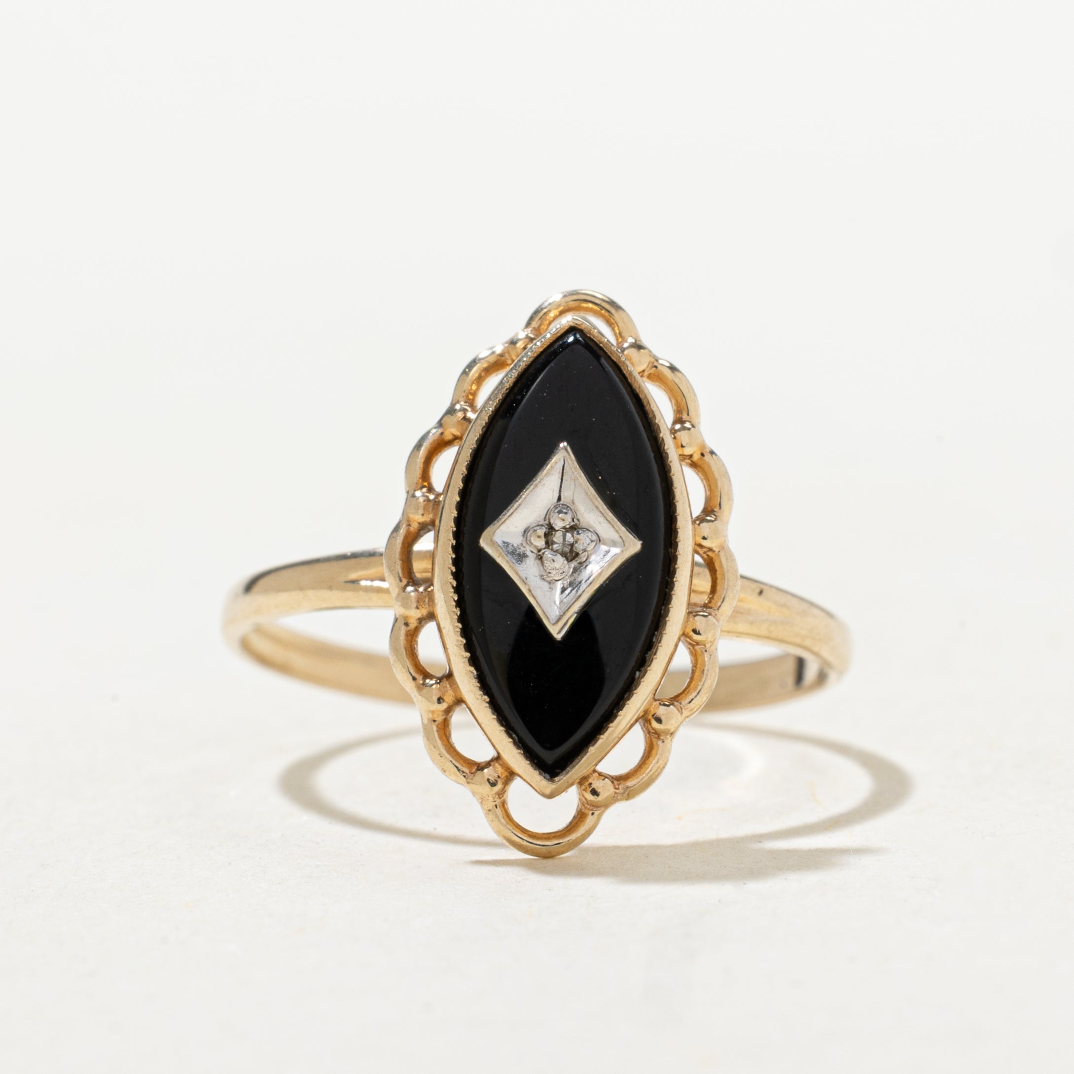 Onyx & Diamond Scalloped Navette Ring | SZ 5.75