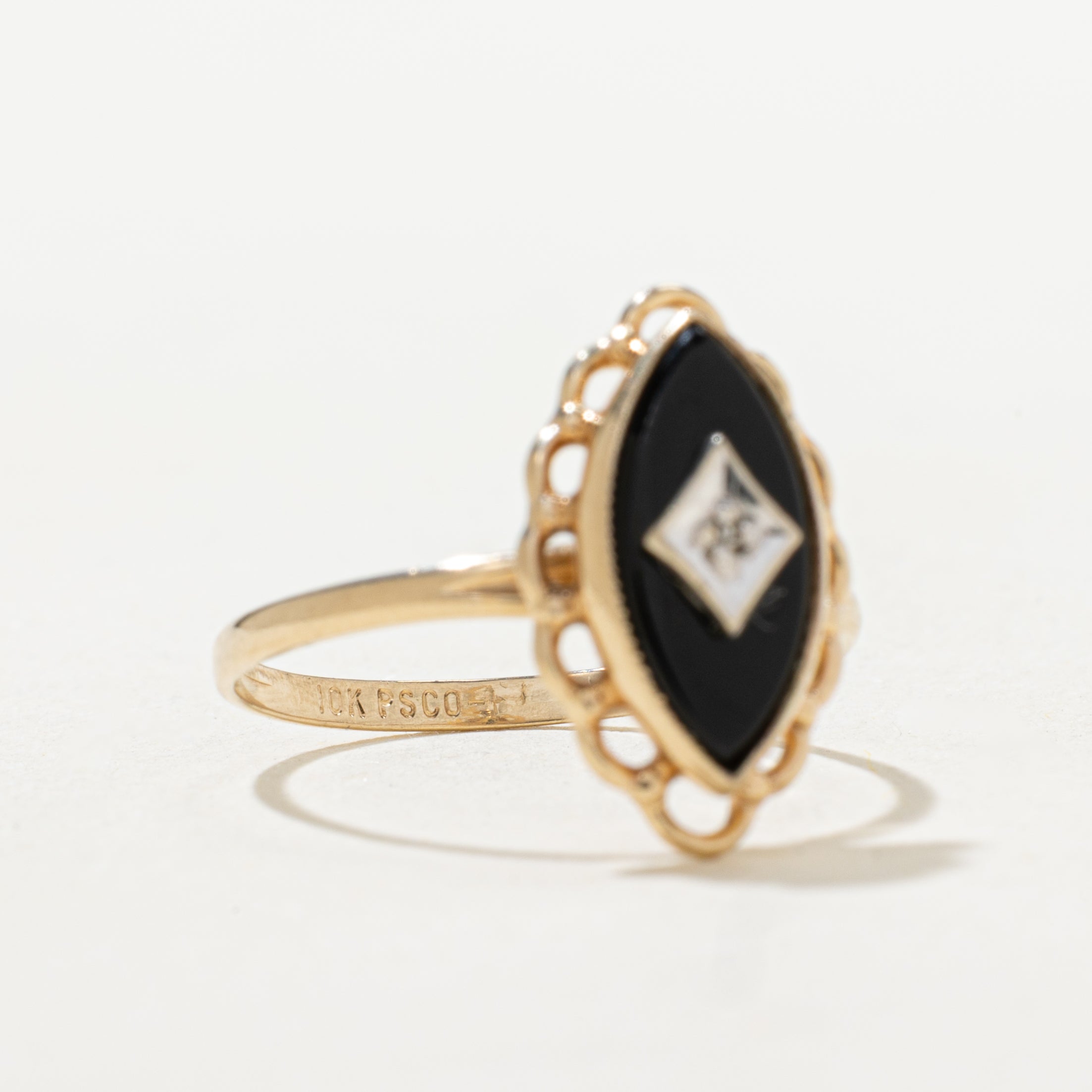 Onyx & Diamond Scalloped Navette Ring | SZ 5.75