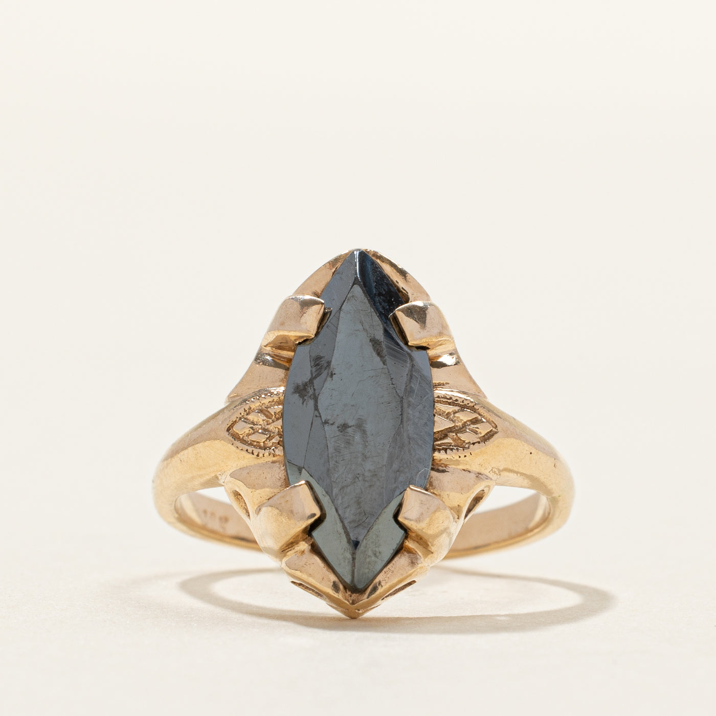 Yellow Gold Hematite Navette Ring | SZ 4.25