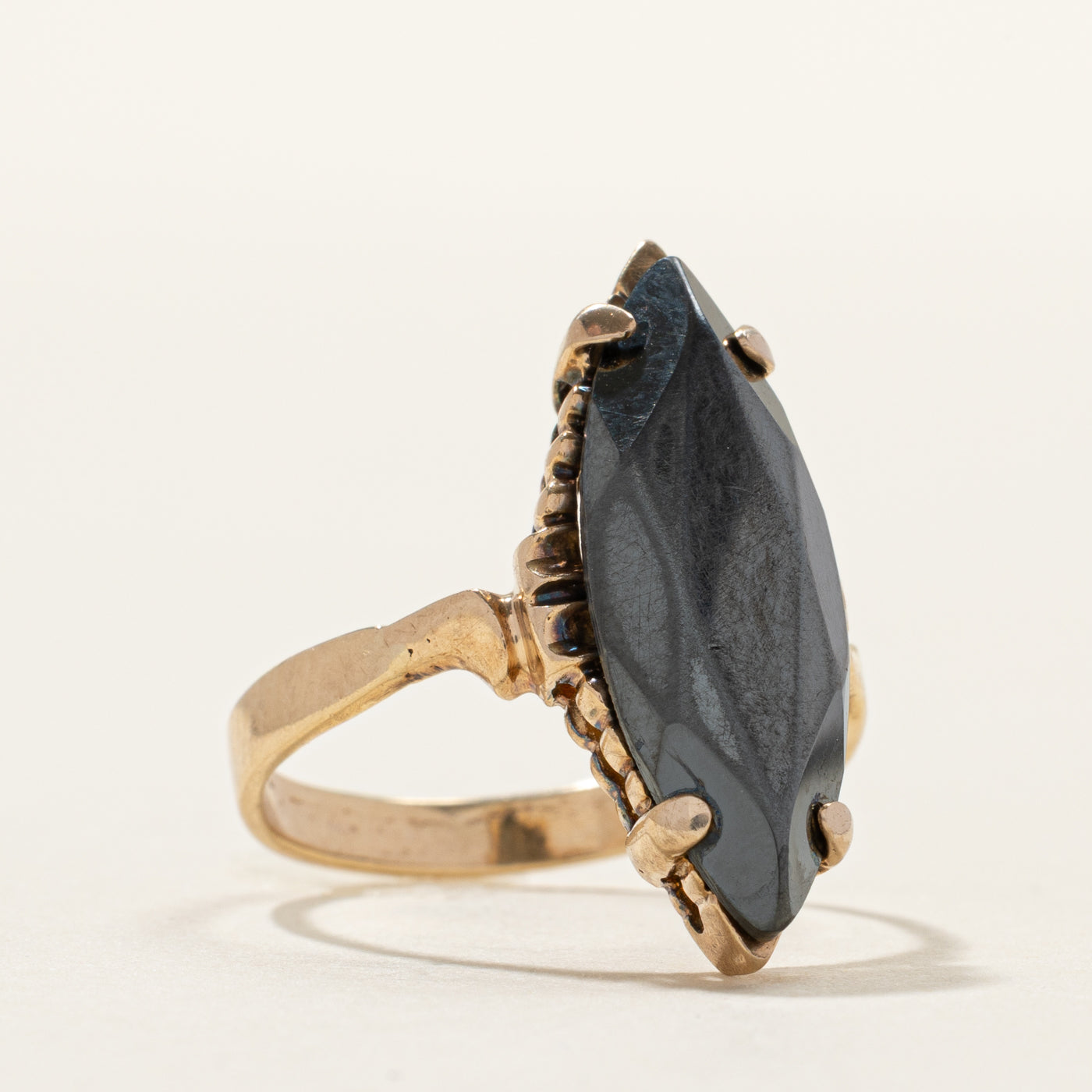 Yellow Gold Hematite Navette Ring | SZ 6.75