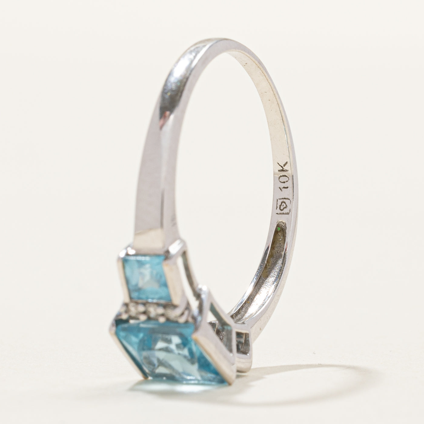 Radiant Cut Three Stone Topaz & Diamond Ring | 1.57ctw, 0.02ctw | SZ 7.75