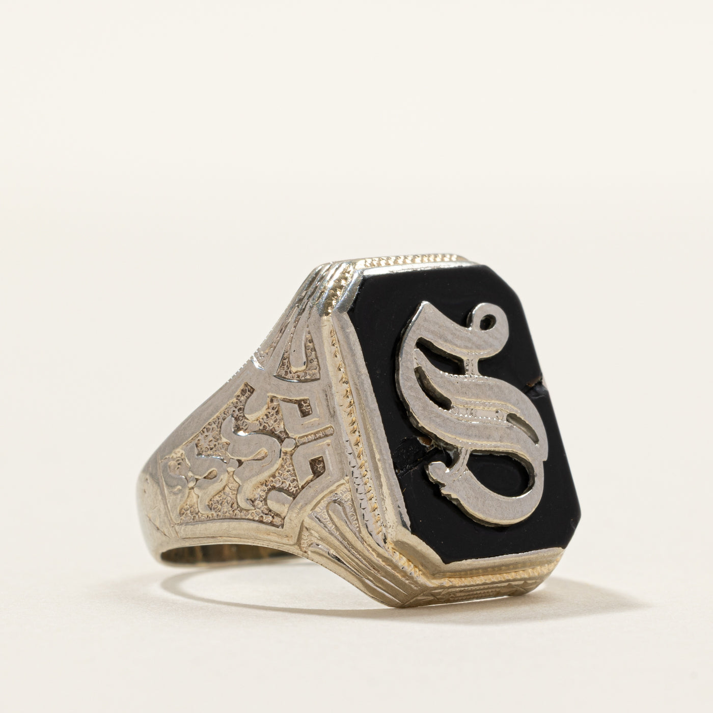 White Gold Onyx "S" Embossed Initial Signet Ring | SZ 8