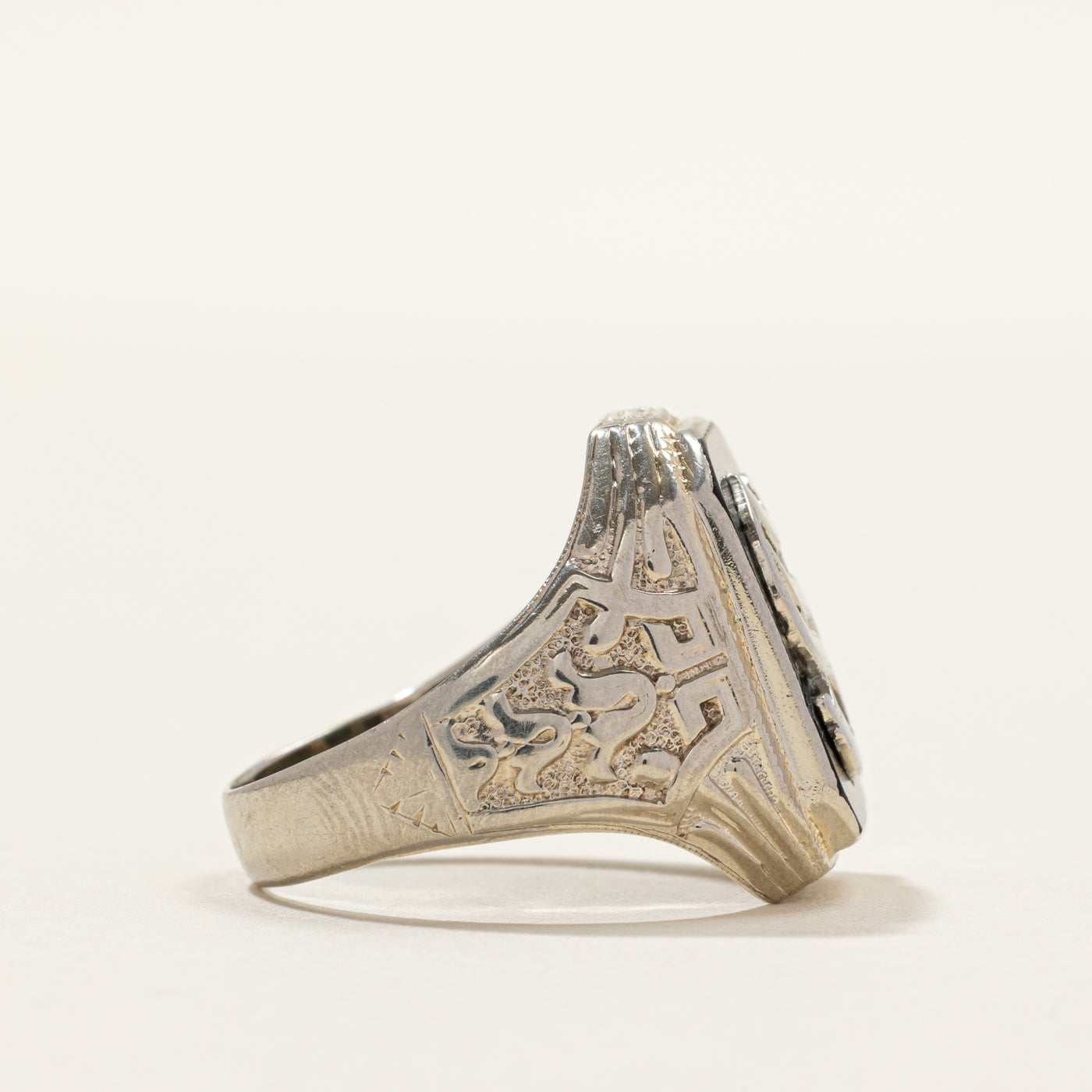 White Gold Onyx "S" Embossed Initial Signet Ring | SZ 8