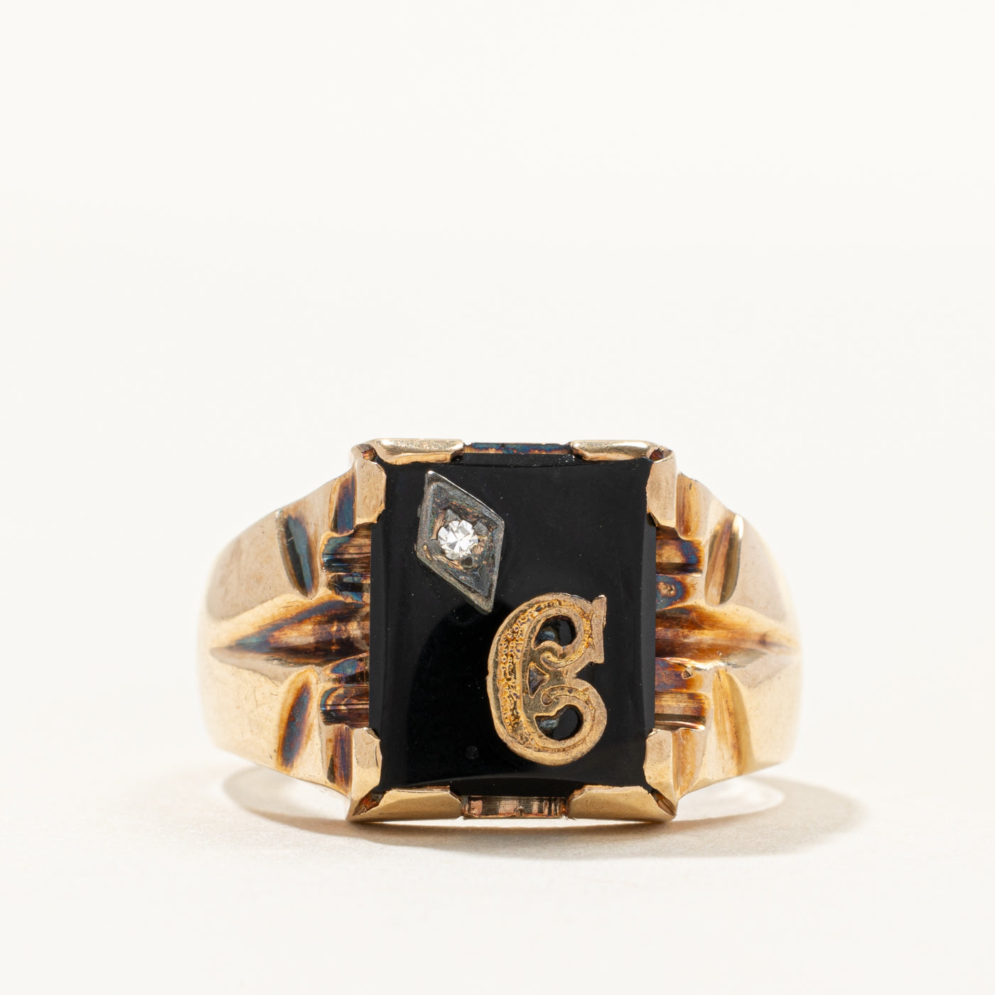 Onyx & Diamond "C" Initial Signet Ring | 0.01ct | SZ 9.25