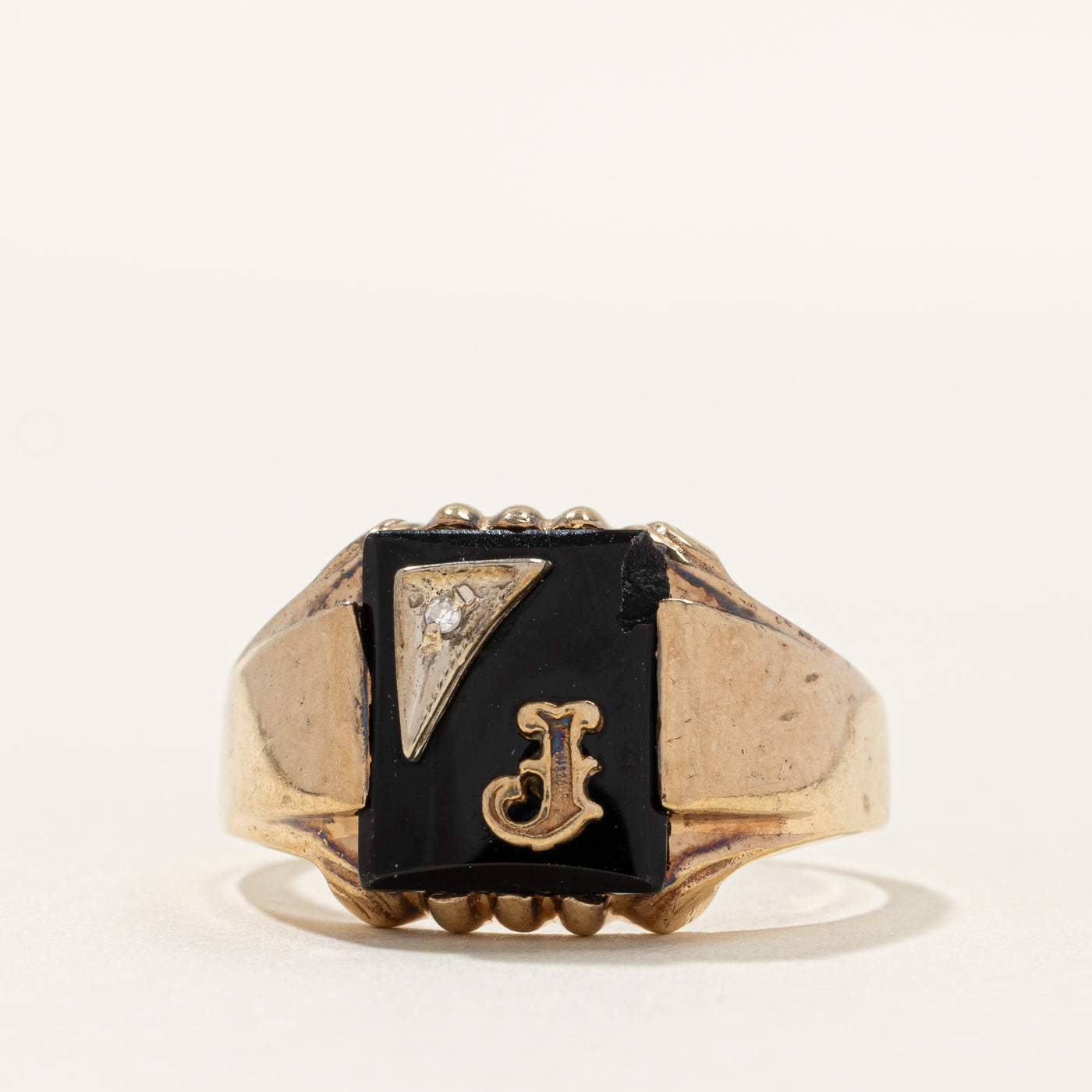 Onyx & Diamond "J" Initial Signet Ring | 0.003ct | SZ 11.75