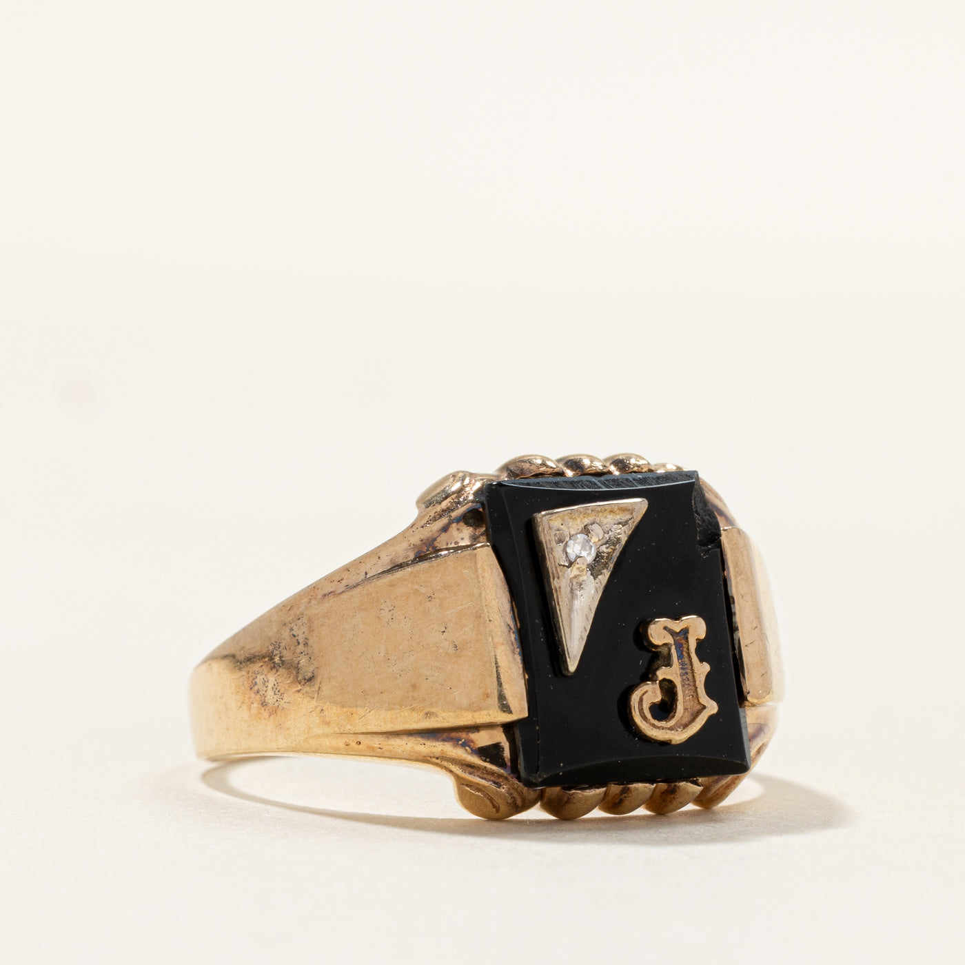 Onyx & Diamond "J" Initial Signet Ring | 0.003ct | SZ 11.75