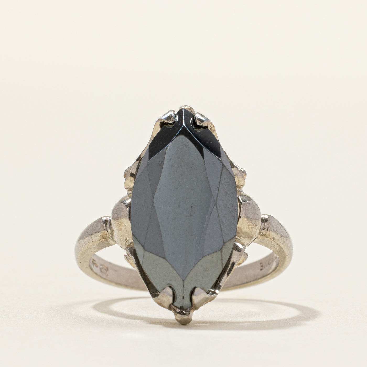 Vintage Canadian White Gold Hematite Navette Ring | SZ 6