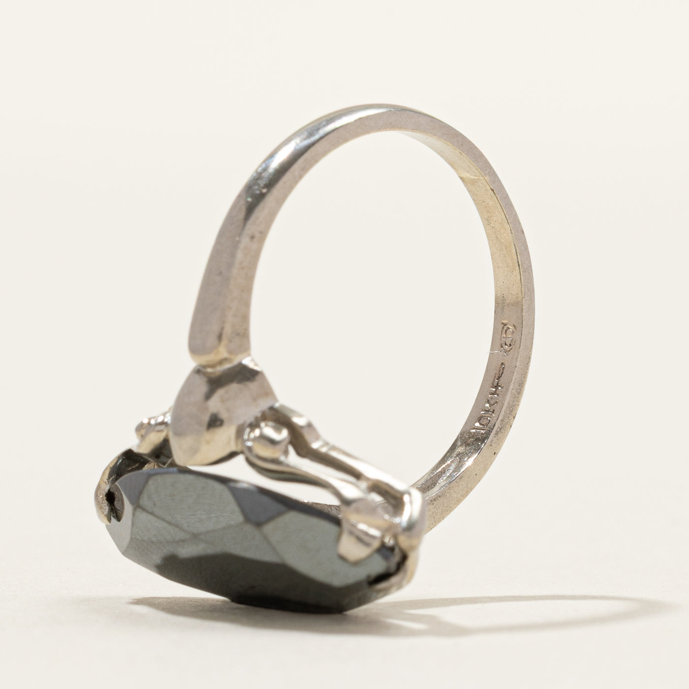 Vintage Canadian White Gold Hematite Navette Ring | SZ 6