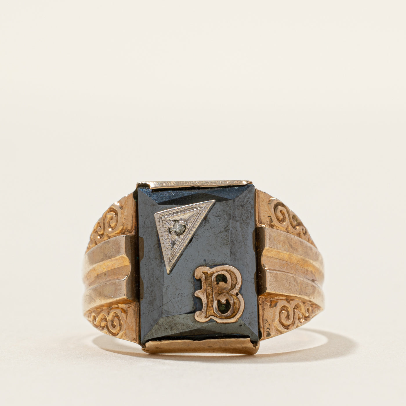 Hematite & Diamond "B" Initial Signet Ring | 0.005ct | SZ 9.5