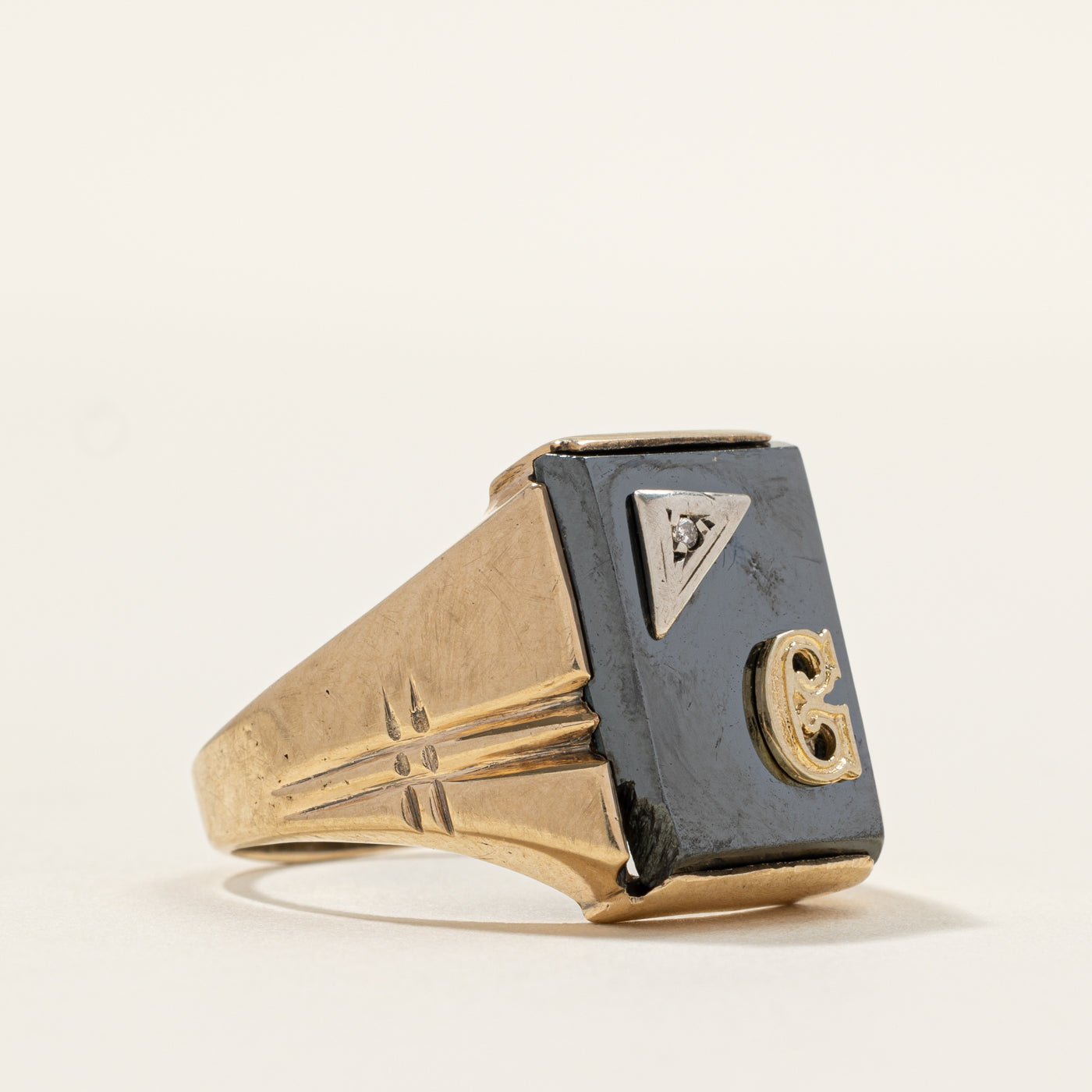 Hematite & Diamond "G" Initial Signet Ring | 0.002ct | SZ 9.5