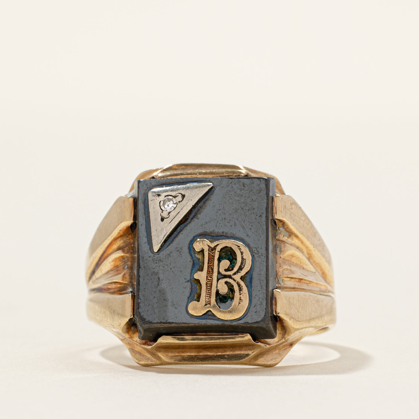 Hematite & Diamond "B" Initial Signet Ring | 0.003ct | SZ 8.5