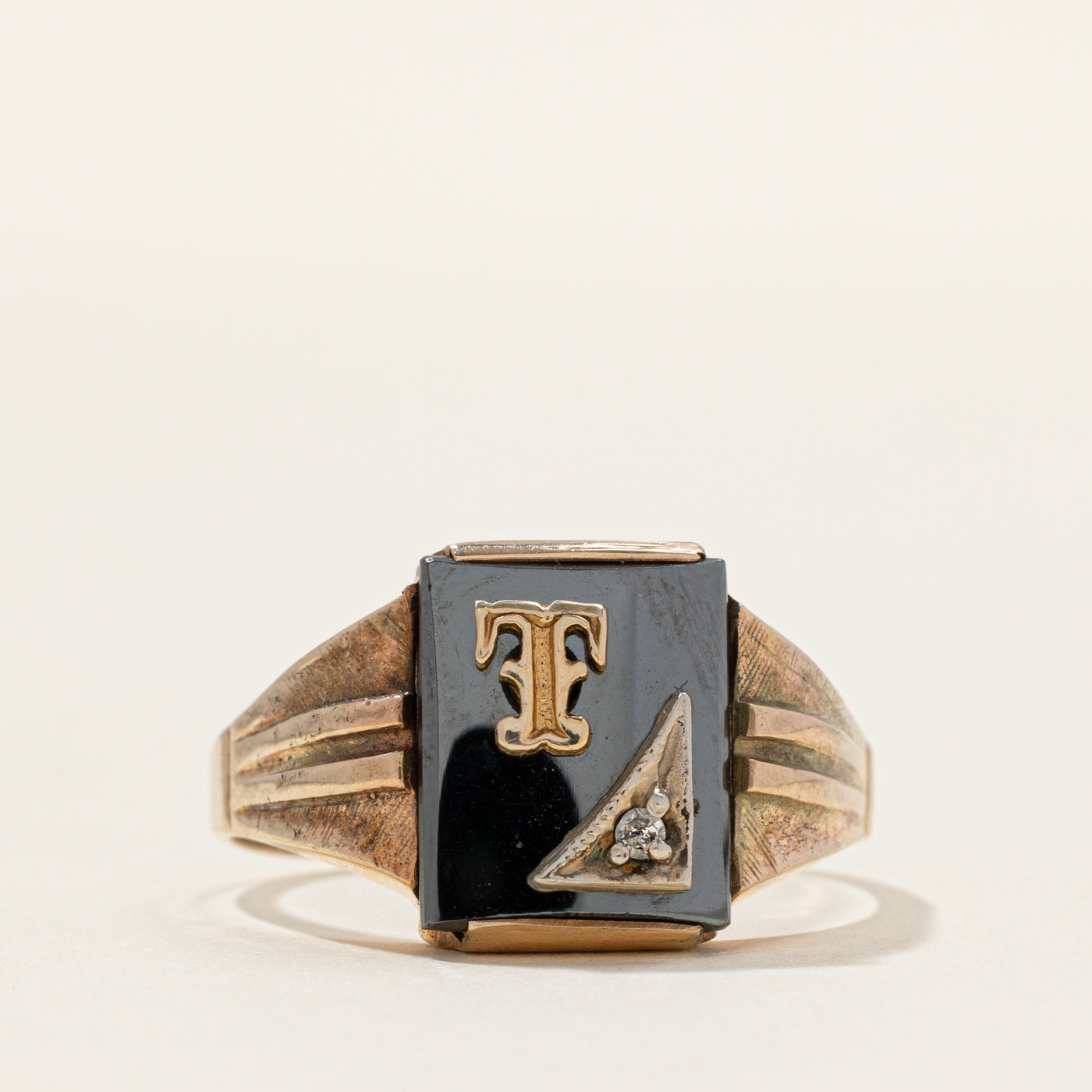 Hematite & Diamond "T" Initial Signet Ring | 0.01ct | SZ 11