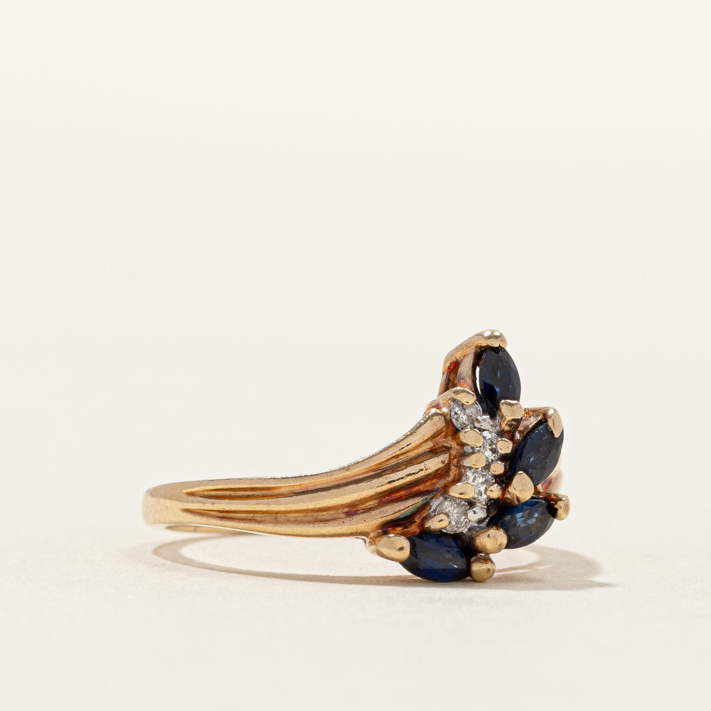 Marquise Cut Sapphire & Diamond Grooved Bypass Ring | 0.05ctw | SZ 6