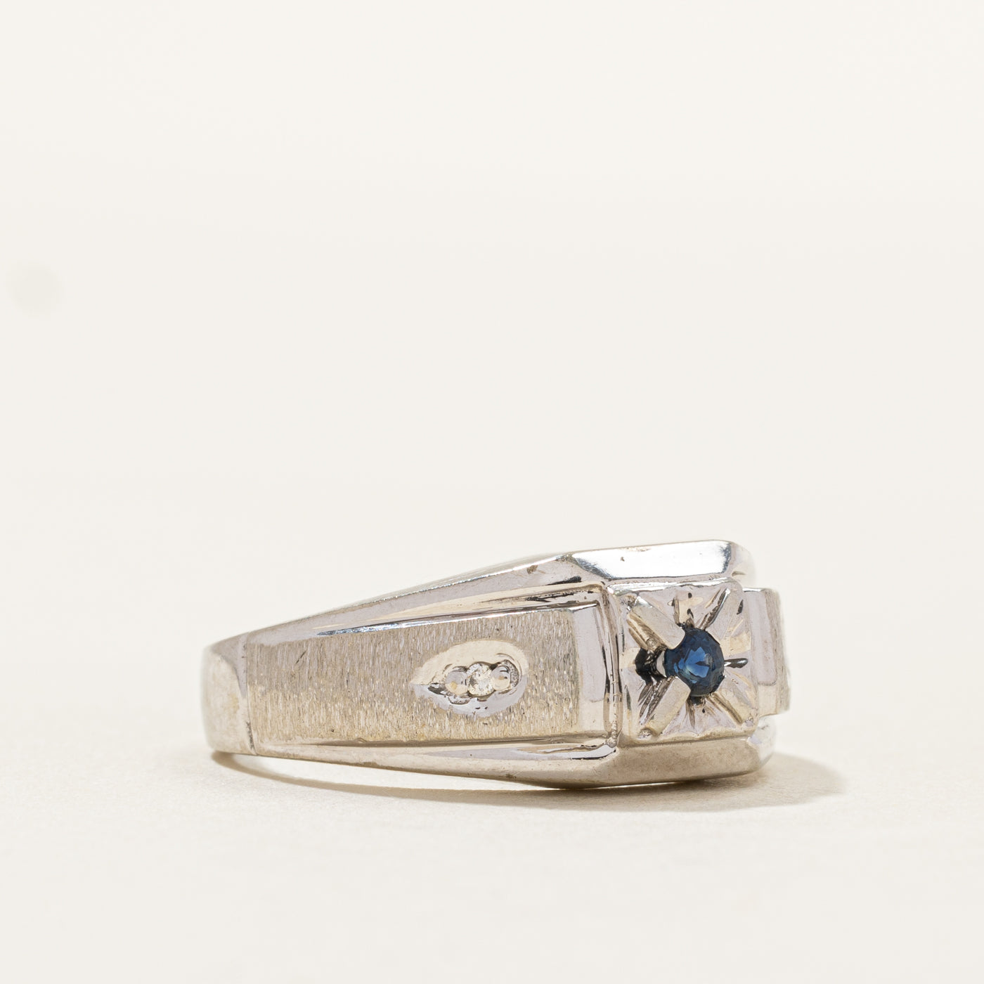 White Gold Sapphire & Diamond Textured Ring | 0.01ctw | SZ 7.75