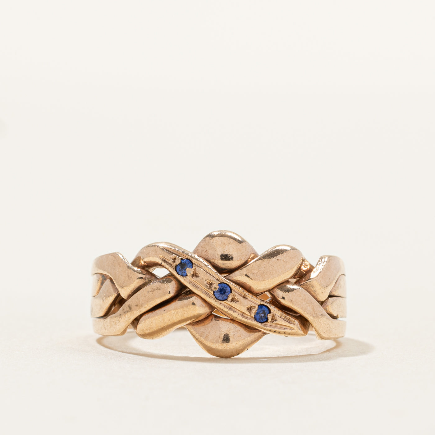 Yellow Gold Three Stone Sapphire Puzzle Ring | SZ 8