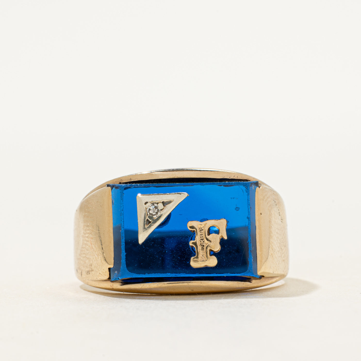 Synthetic Sapphire & Natural Diamond "F" Signet Ring | SZ 10.75