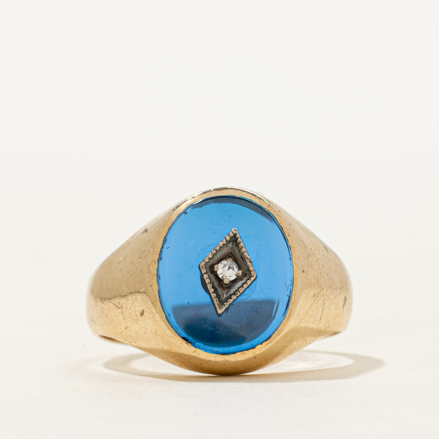 Synthetic Sapphire & Natural Diamond Signet Ring | SZ 7.5