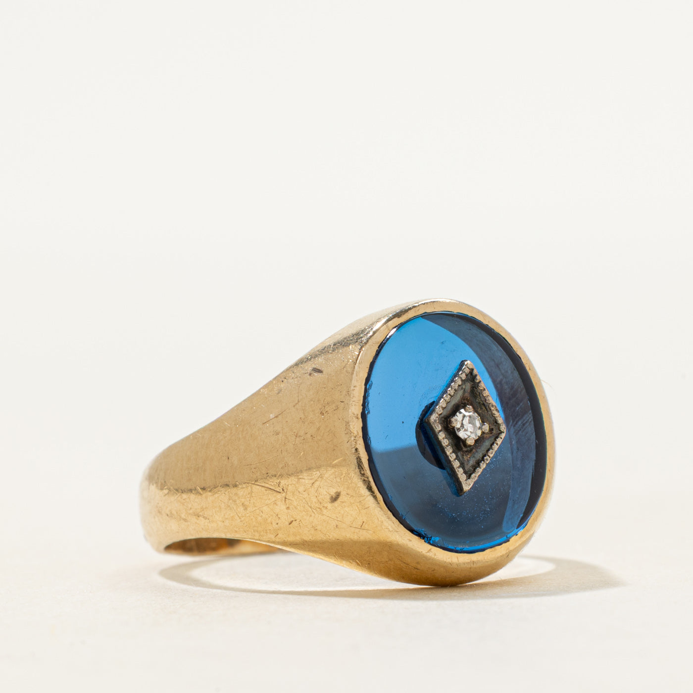 Synthetic Sapphire & Natural Diamond Signet Ring | SZ 7.5
