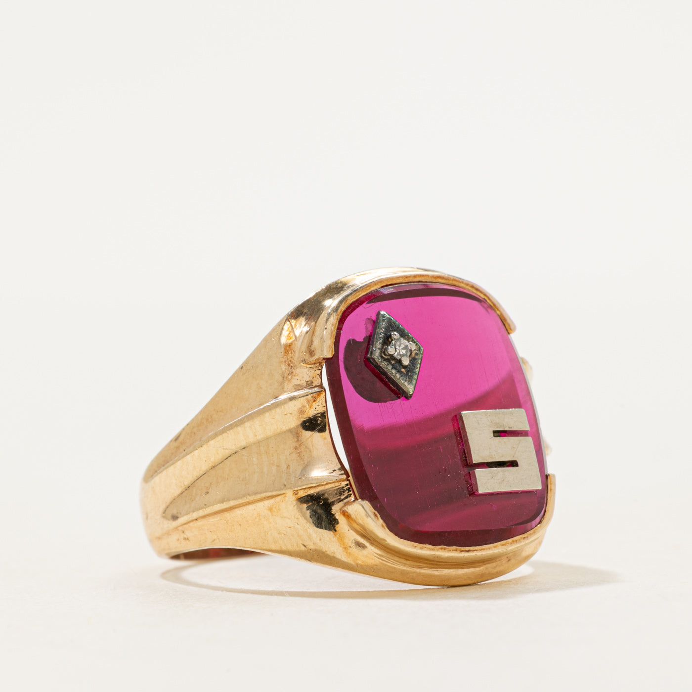 Synthetic Ruby & Natural Diamond "S" Signet Ring | SZ 10.25