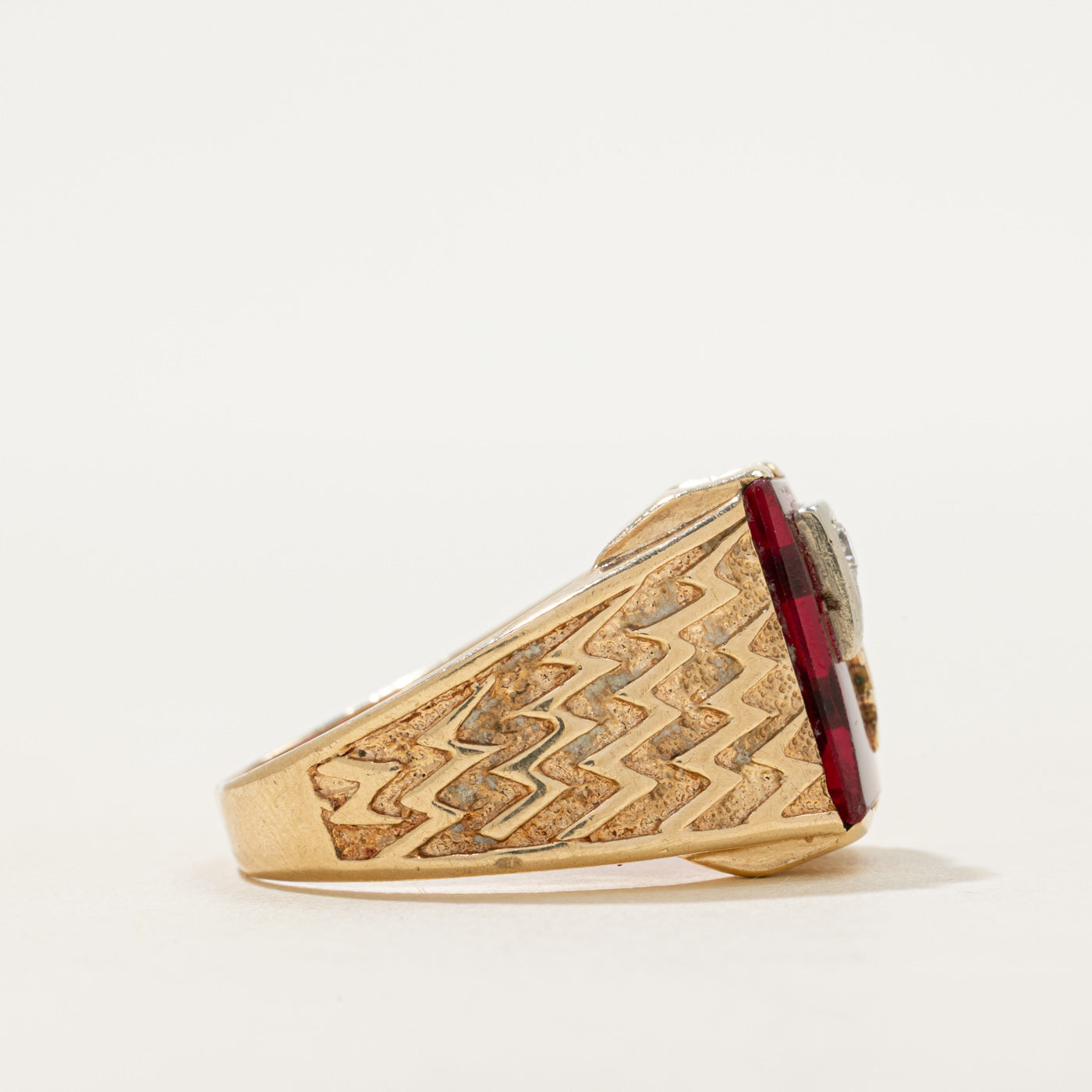 Synthetic Ruby & Natural Diamond "Y" Textured Signet Ring | SZ 10.75