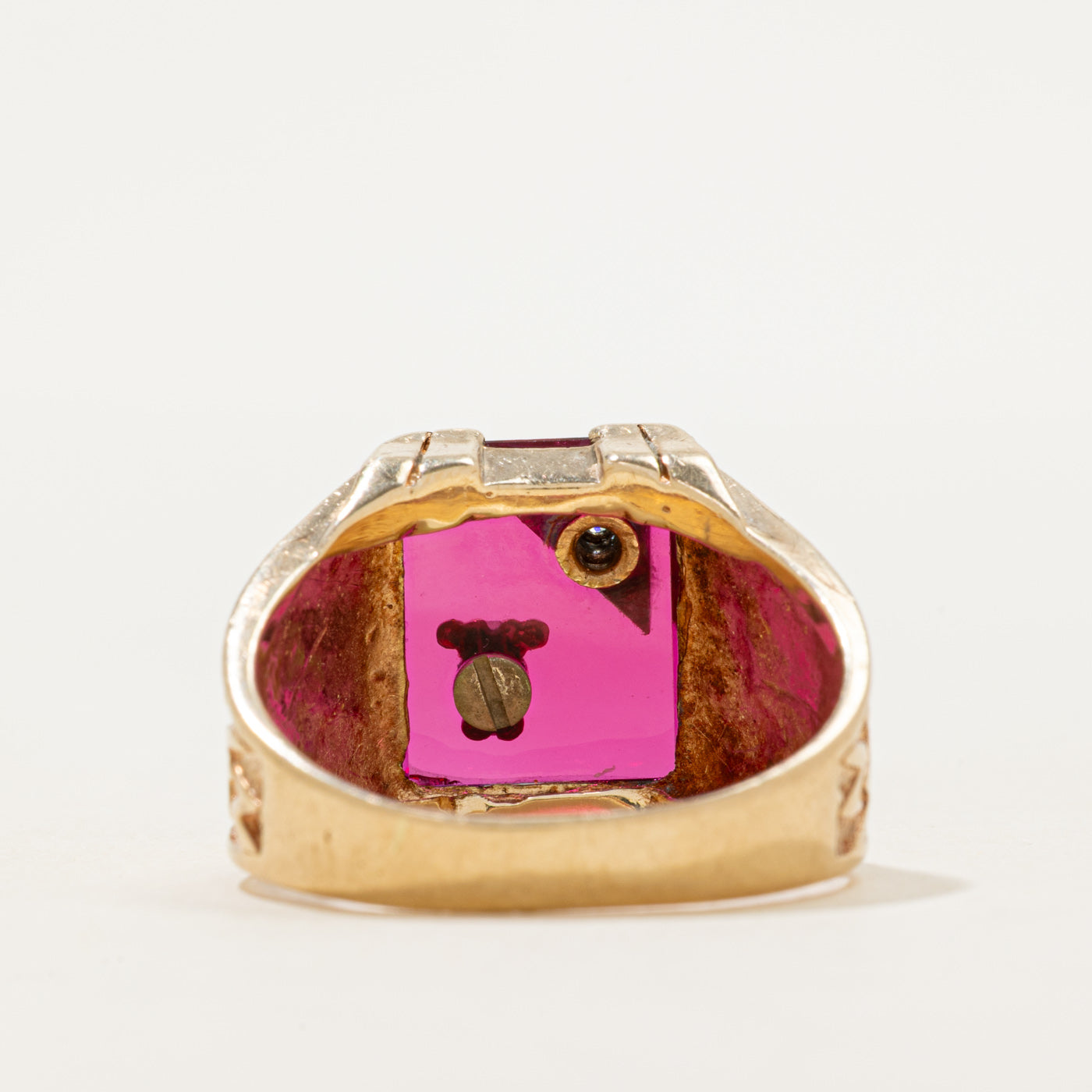 Synthetic Ruby & Natural Diamond "Y" Textured Signet Ring | SZ 10.75