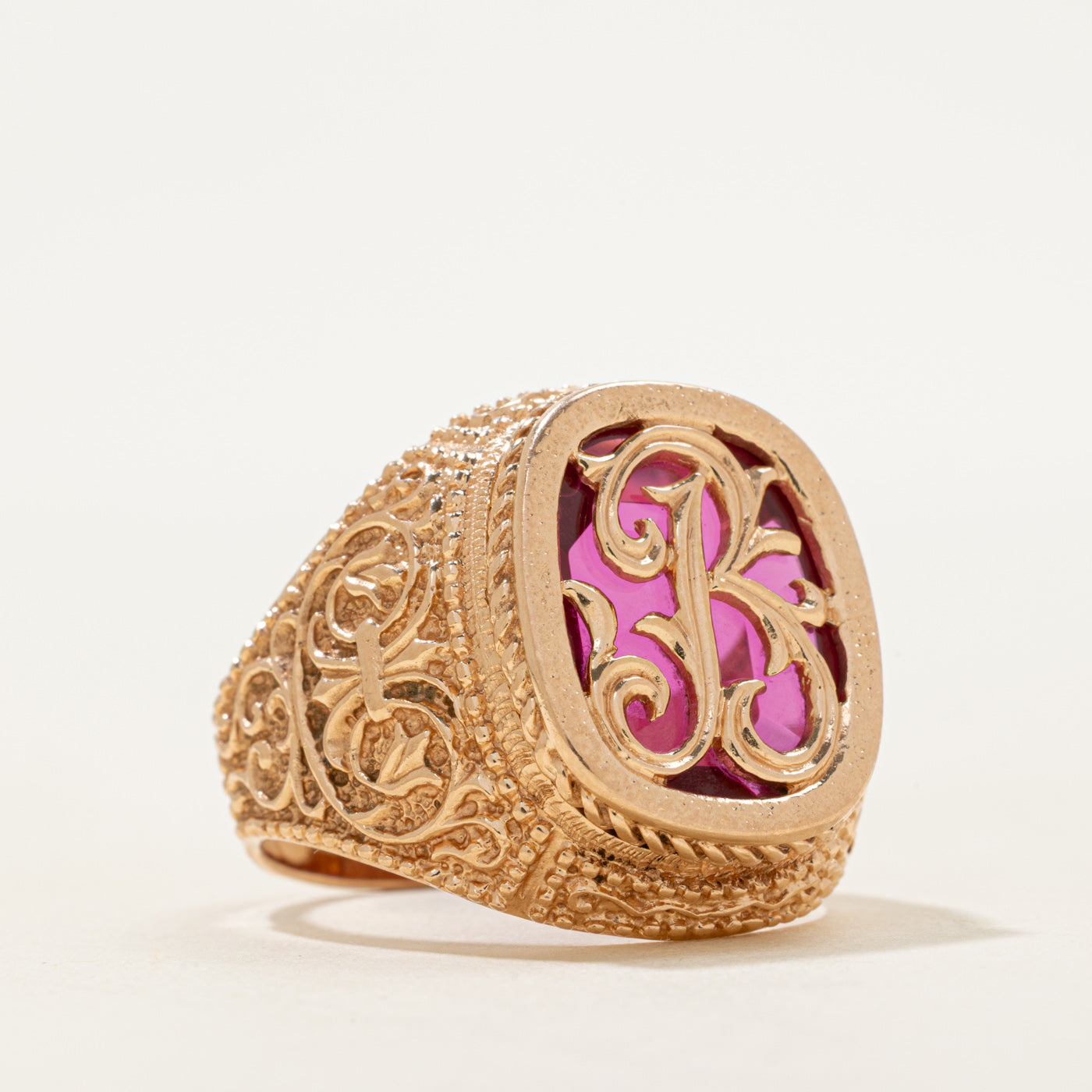 1978 Odesa Synthetic Ruby "B" Scrollwork Signet Ring | SZ 10.75
