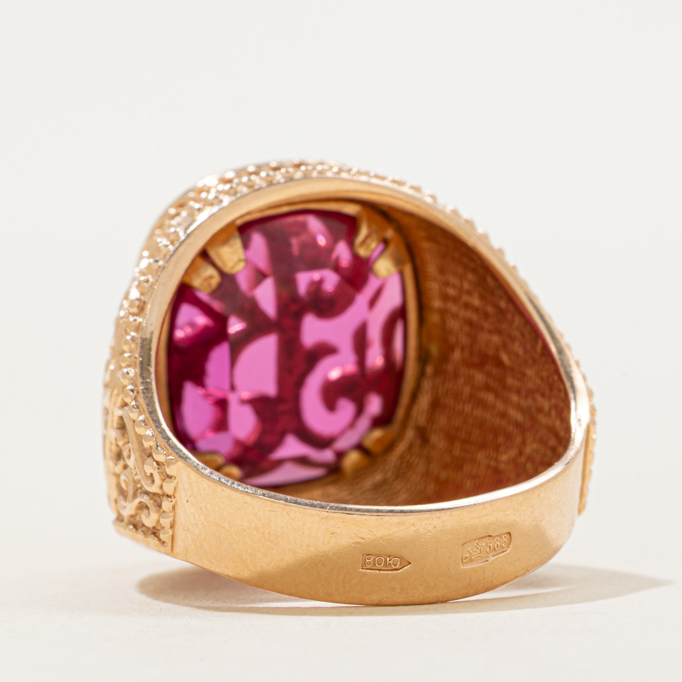 1978 Odesa Synthetic Ruby "B" Scrollwork Signet Ring | SZ 10.75