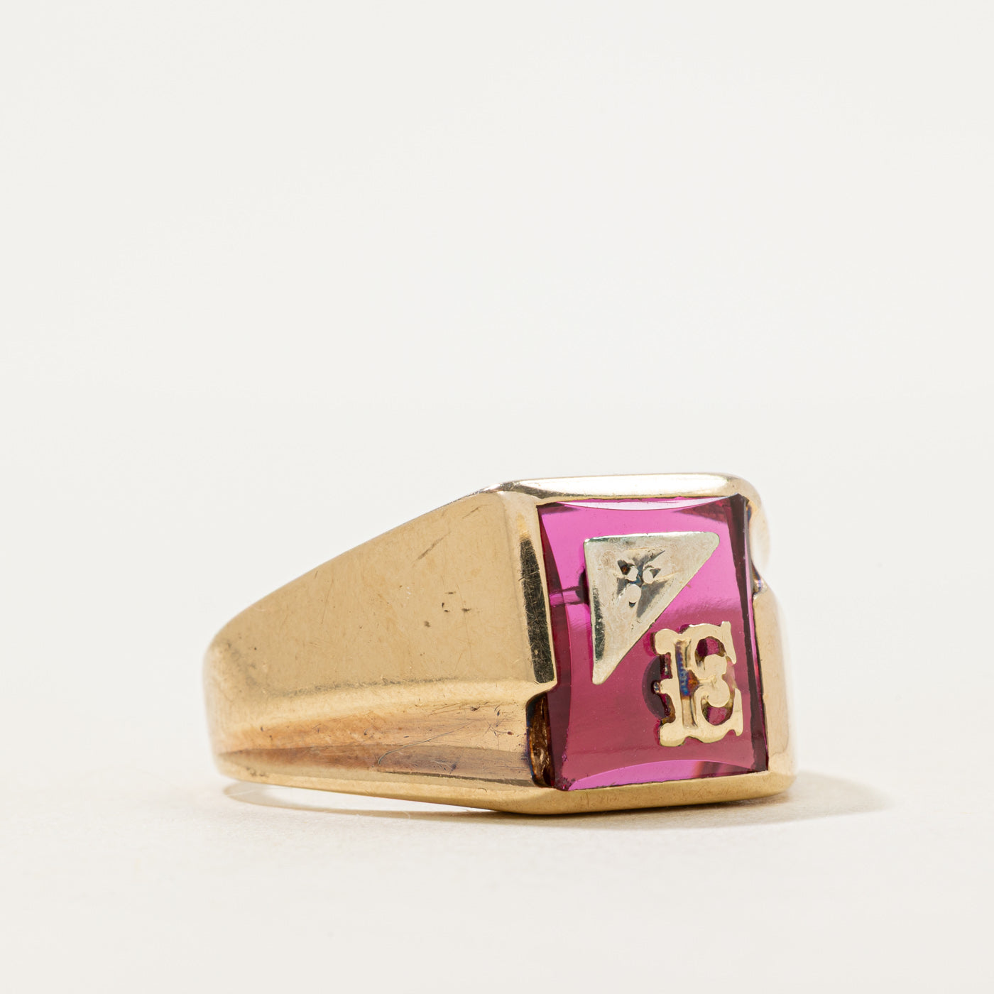 Bezel Set Synthetic Ruby "E" Signet Ring | SZ 12